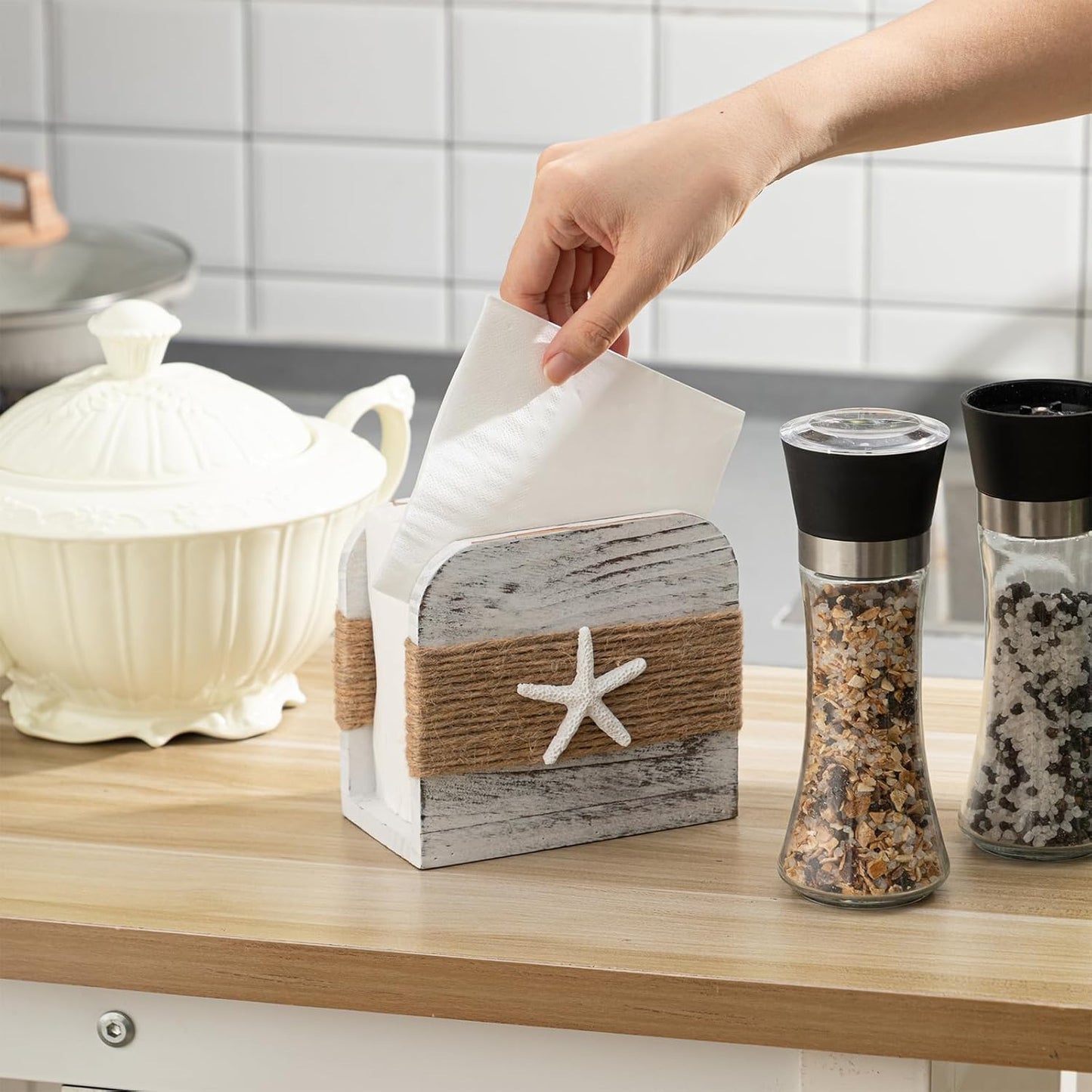 Natural Wooden Napkin Holder / Beach Style / White