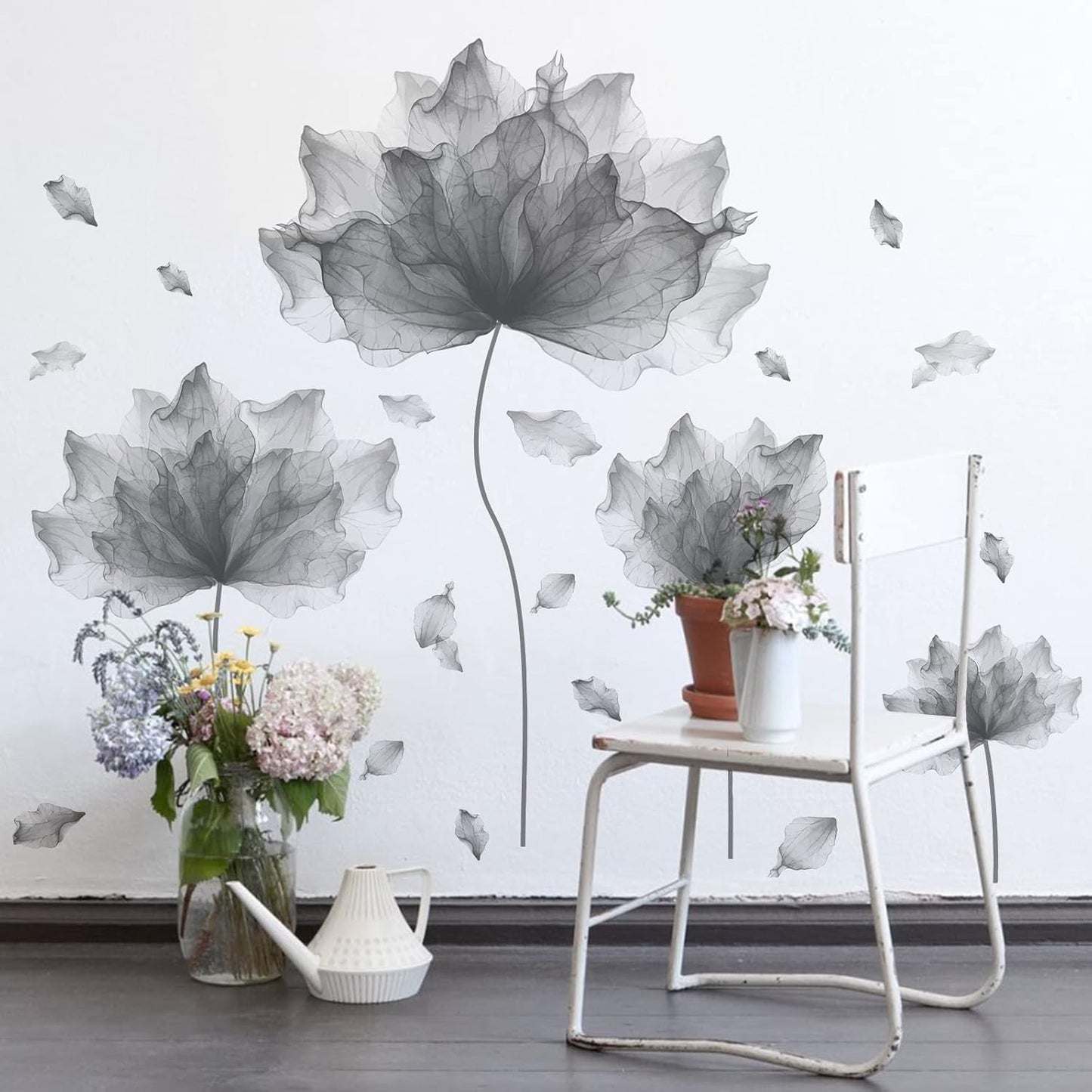 Flower Petal Wall Decal Floral Wall Sticker / Gray / 59.1'' x 49.6