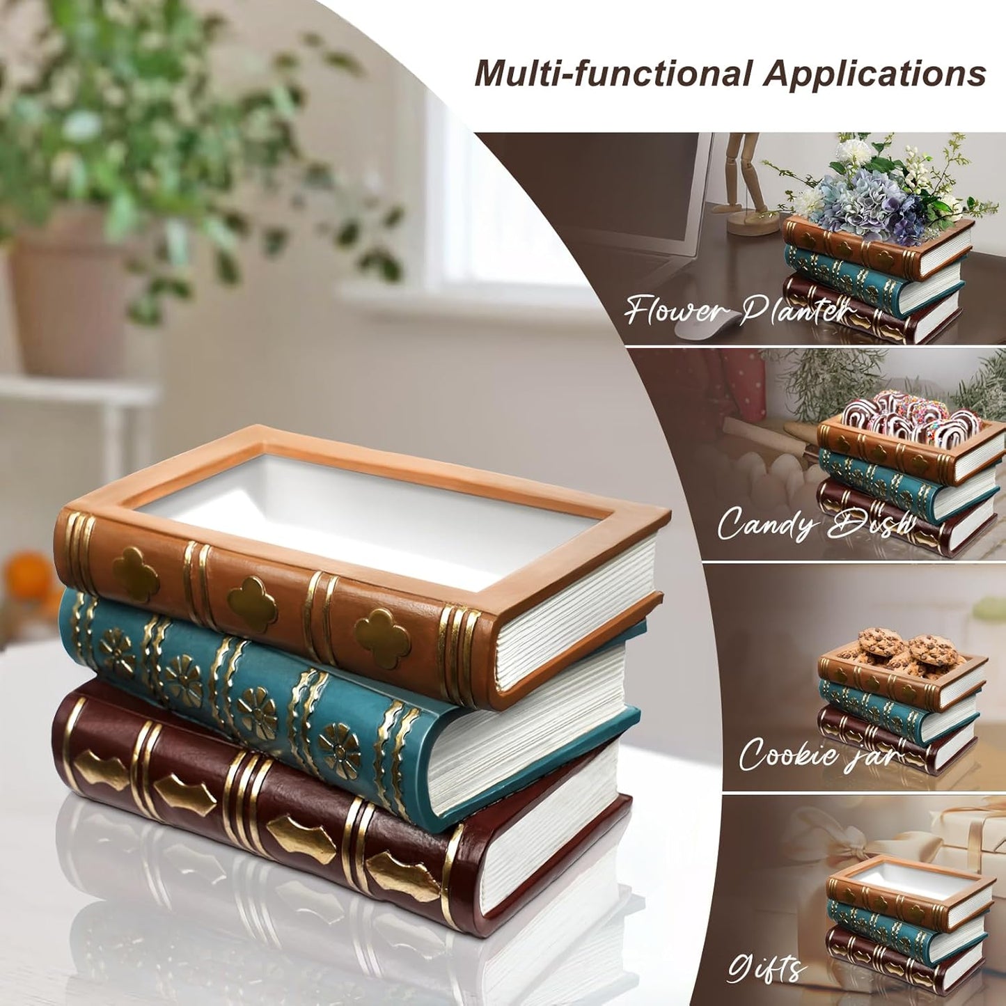 Book Flower Vase Stacked Books Shaped Flower Pot Book Planter Candy Bowl Snack Storage Box / Lighter