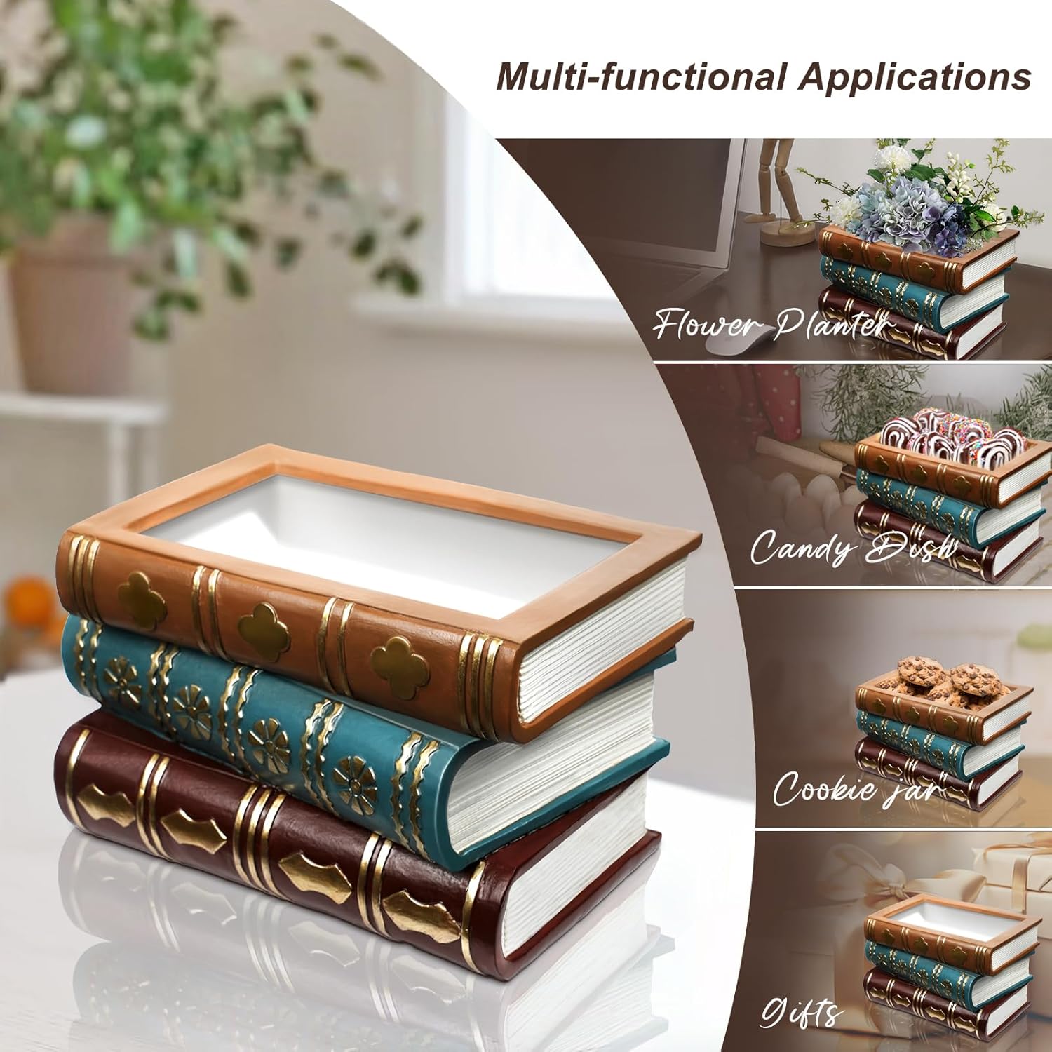 Book Flower Vase Stacked Books Shaped Flower Pot Book Planter Candy Bowl Snack Storage Box / Lighter
