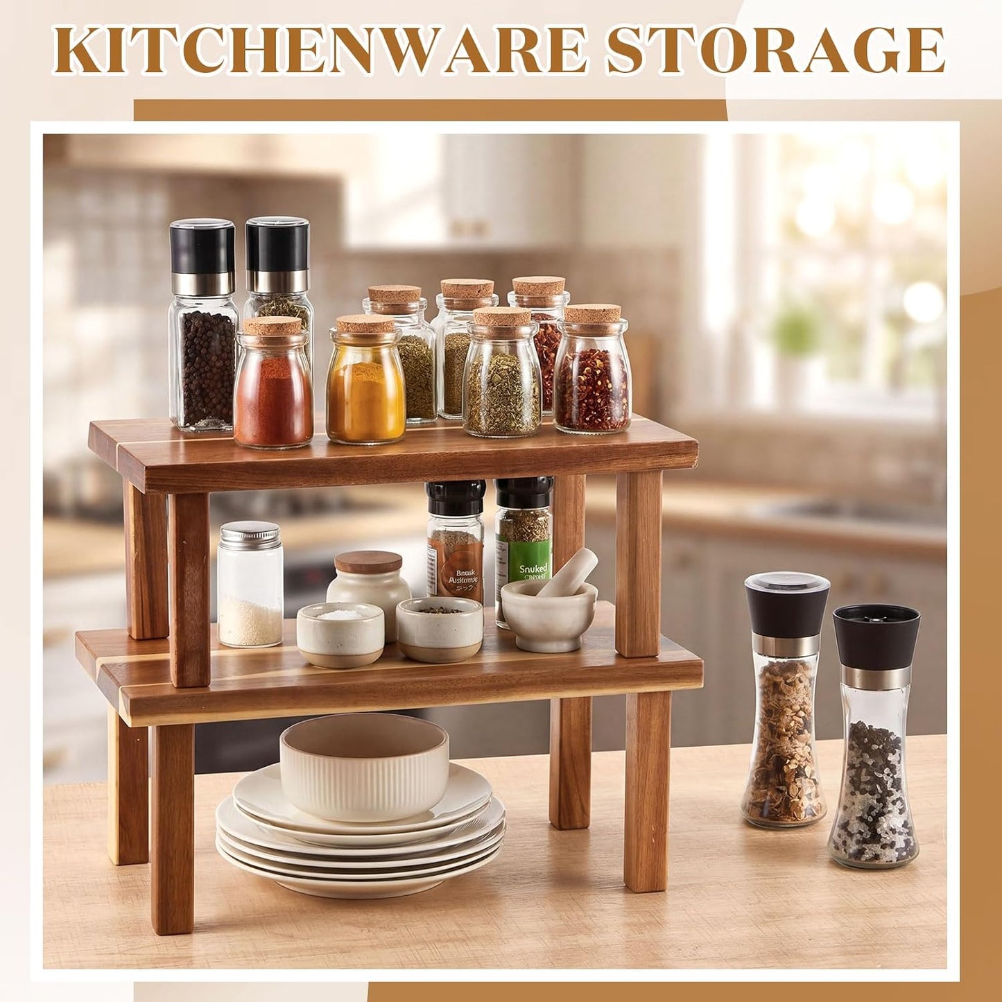 Extra Large Acacia Wooden Riser Wooden Countertop Organizer Display Shelf / 15 x 7.5 x 6 / Set of 2
