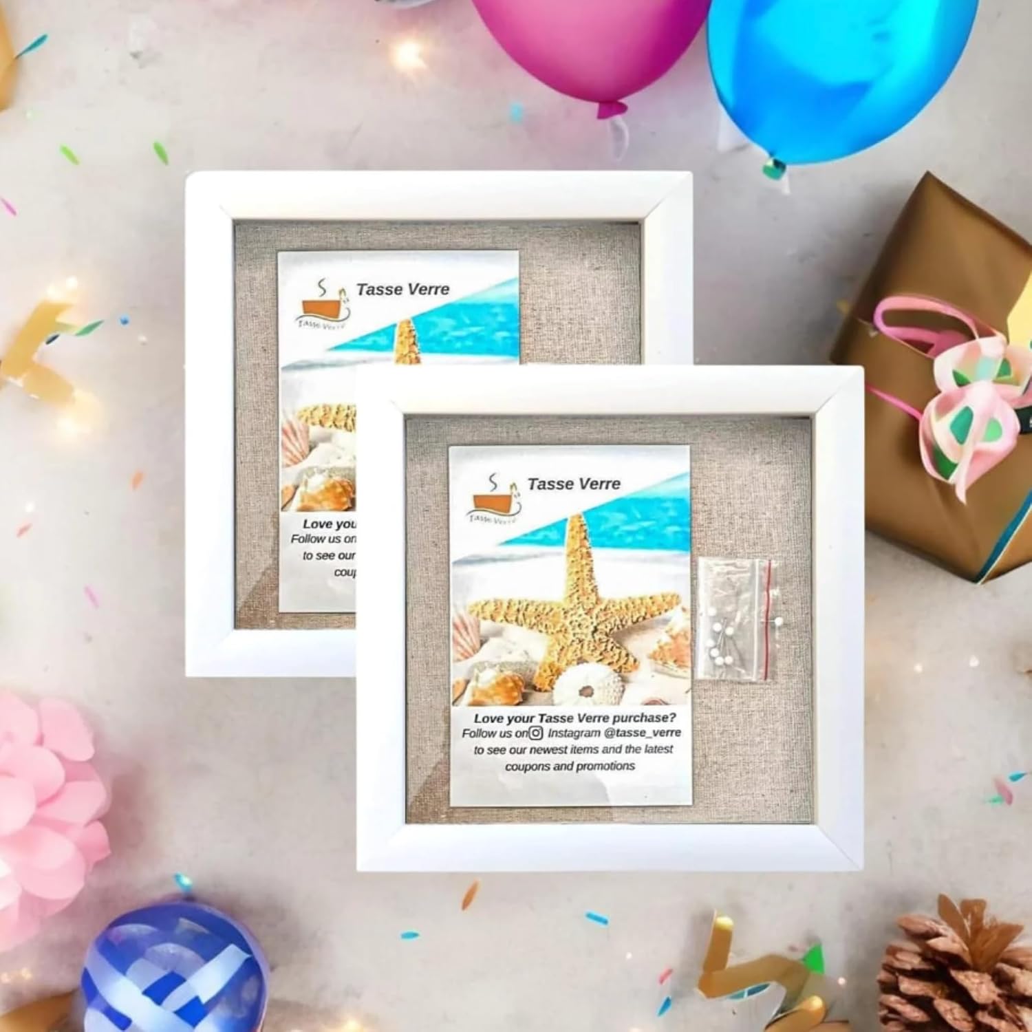 8x8 White Display Shadow Box (2-Pack) Frame w/Linen Background and 16 Stick Pins - Ready to Hang Shadowbox Picture