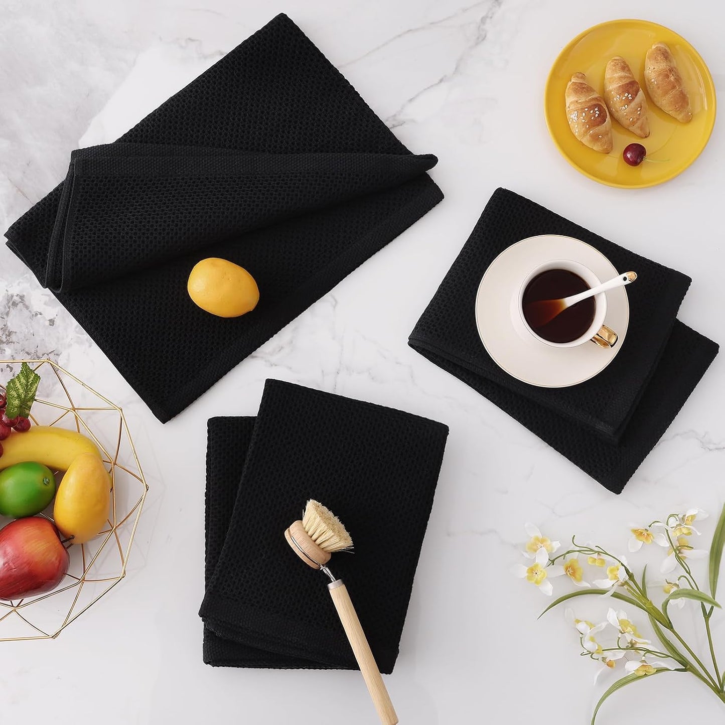 Homaxy 100% Cotton Oversized Waffle Weave Kitchen Towels 8-Pack, Black | 20 x 28 Inches, Ultra Soft Absorbent Dish