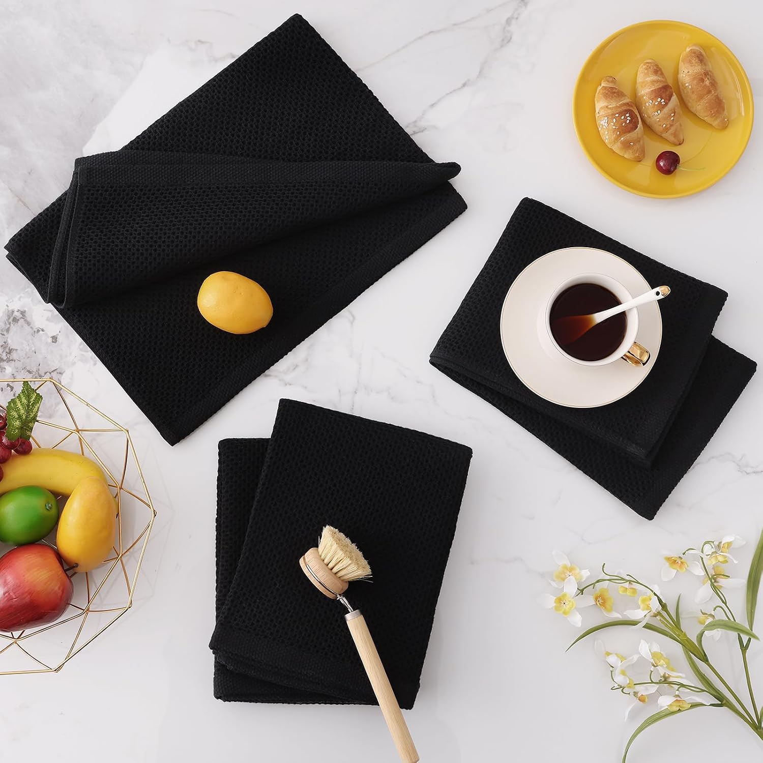 Homaxy 100% Cotton Oversized Waffle Weave Kitchen Towels 8-Pack, Black | 20 x 28 Inches, Ultra Soft Absorbent Dish