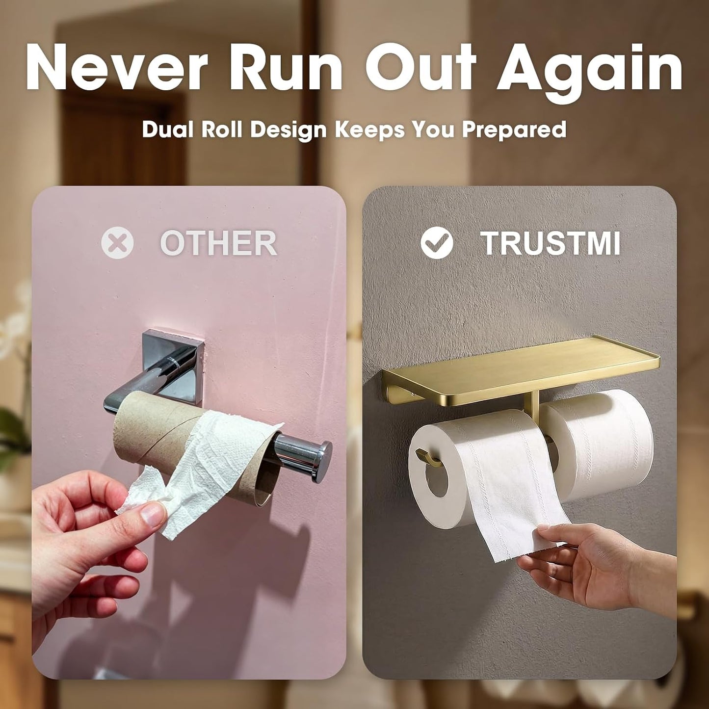 TRUSTMI Brushed Gold Dual Roll Toilet Paper Holder with Phone Shelf | Solid zinc alloy holder holds 11 lbs and fits