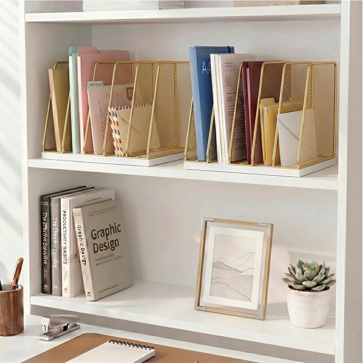 5-Section Vertical File Organizer for Desk, Gold | Sturdy Wood Base, Metal Mesh, Desktop File Holder, Upright Paper