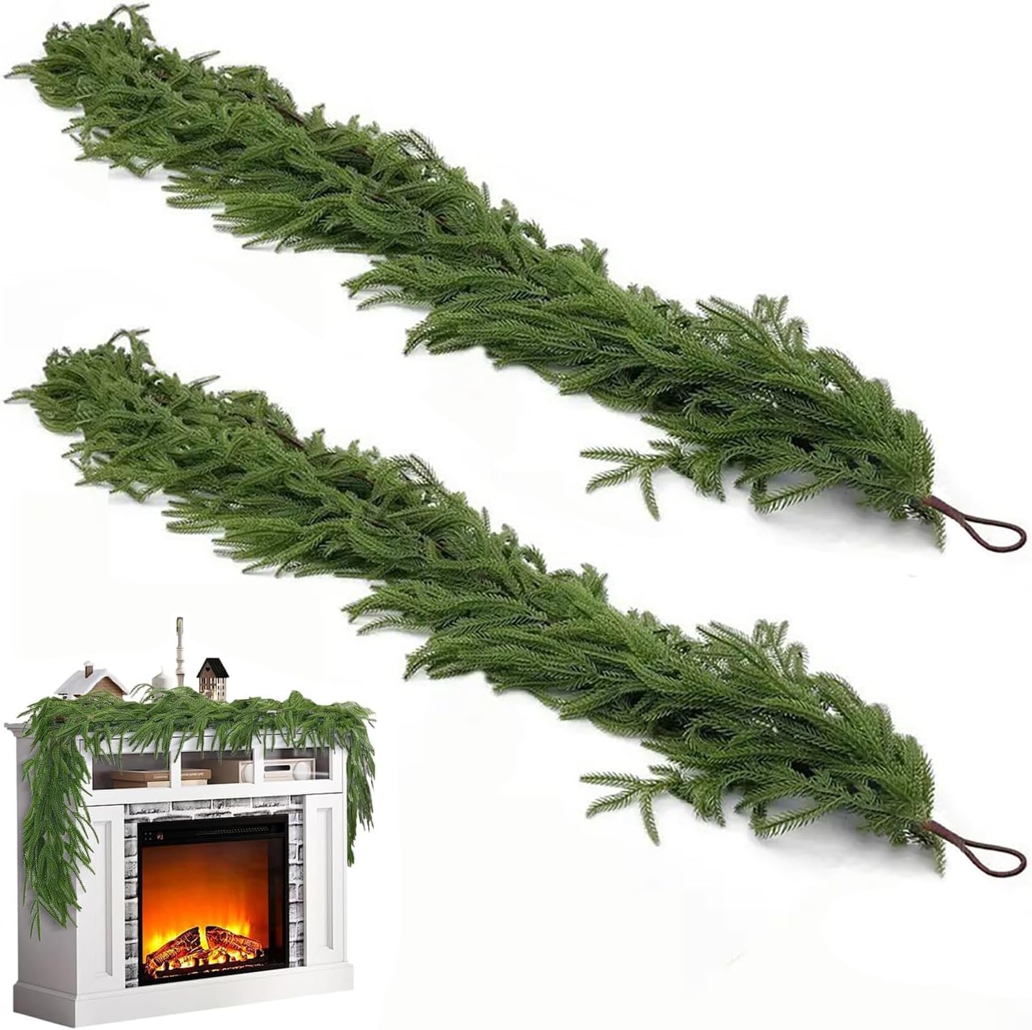 2Pcs 6FT Artificial Norfolk Pine Garland, Real Touch Christmas Garlands | Realistic Faux Greenery Soft Textured Winter