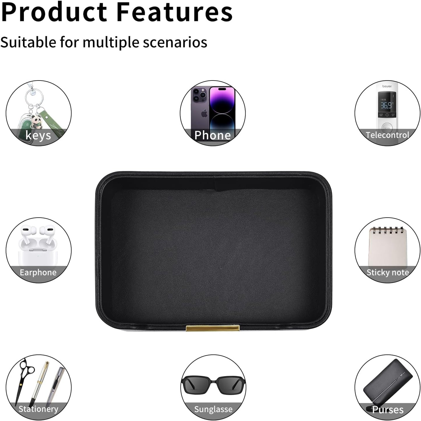 Leather Valet Tray Desktop Storage Organizer / 8.5 x 5.8 x 1.9 / Black