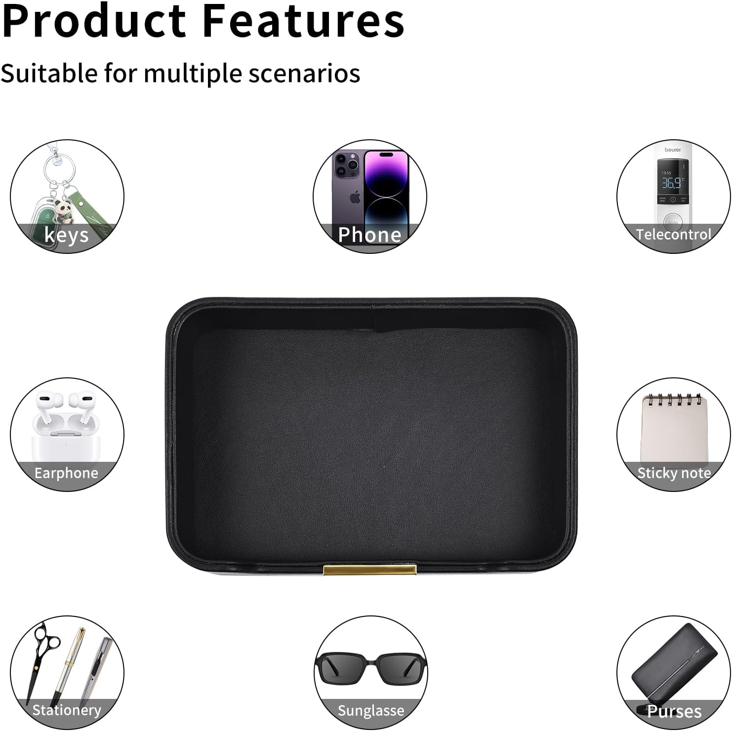 Leather Valet Tray Desktop Storage Organizer / 8.5 x 5.8 x 1.9 / Black