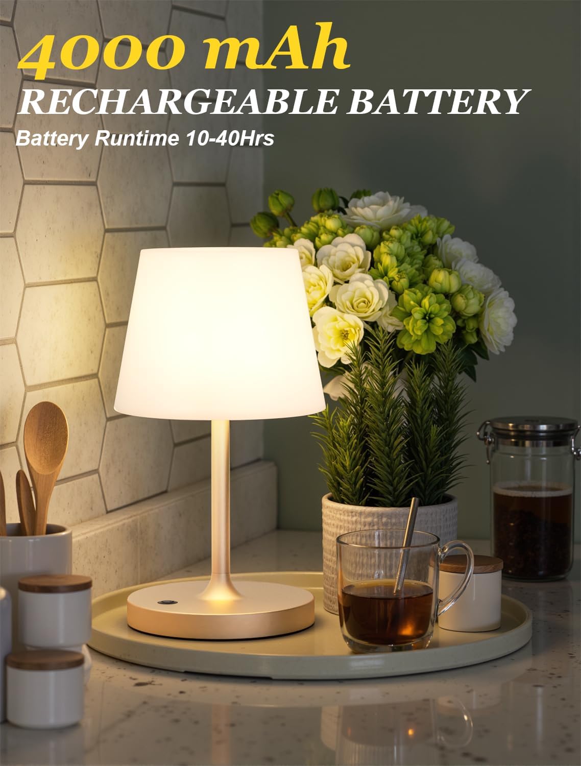 Kakanuo Champagne Gold Shower Lamp Waterproof, Rechargeable Cordless Lamp with 4000mAh Battery, Touch Dimmable Table
