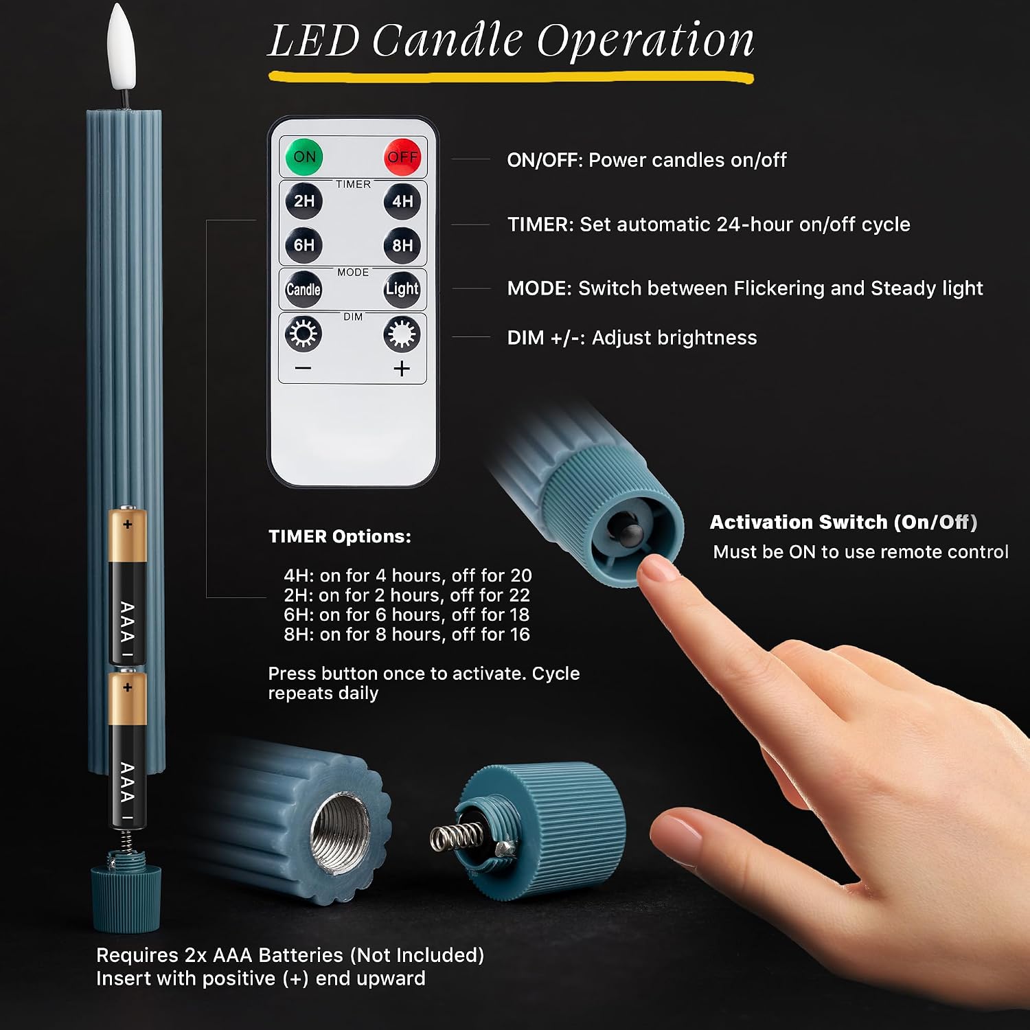 10" Fluted Ribbed LED Blue Grooved Pillar Candles with 2 Remotes & 24h Timer Memory, On/Off Switch - Flameless Dimmable