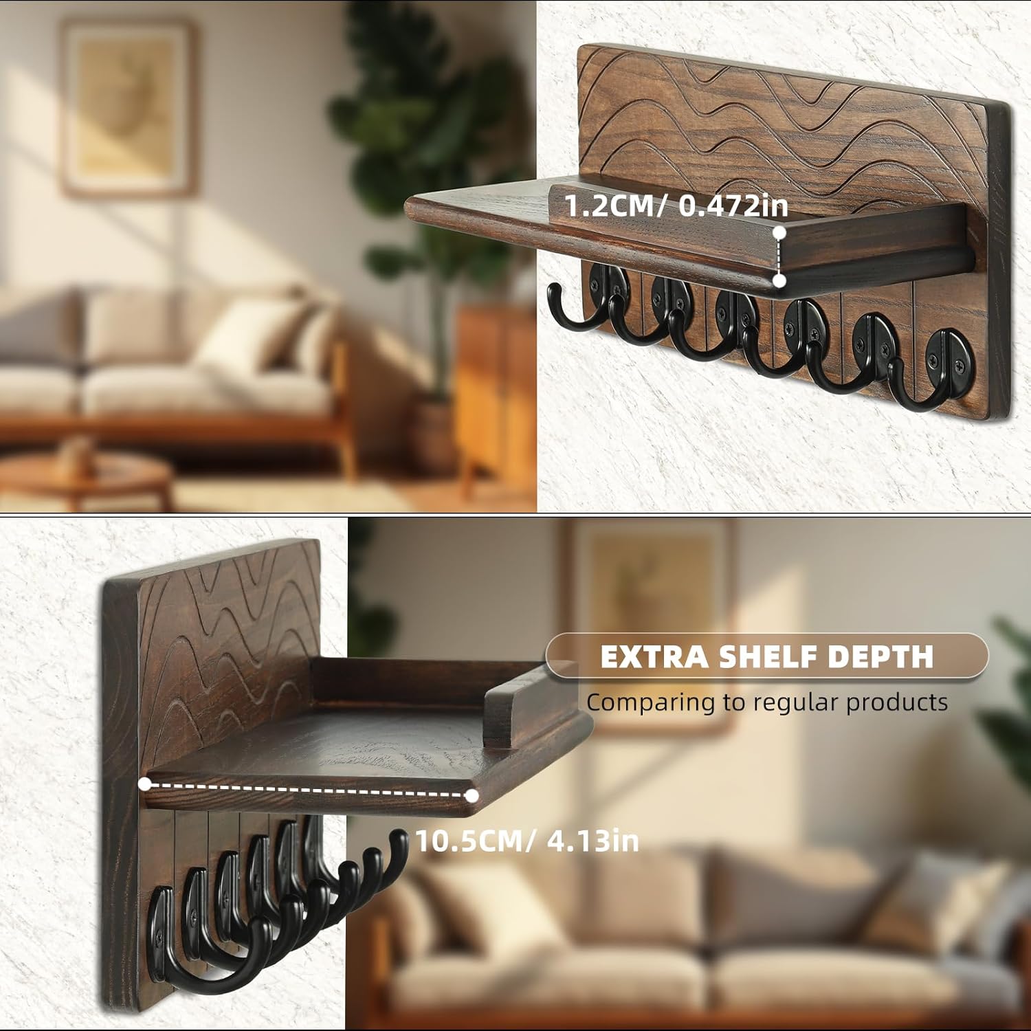 Key Holder Wall Decor- " Solid Ash Wood Entryway Organizer / Walnut / 11.8 Inch