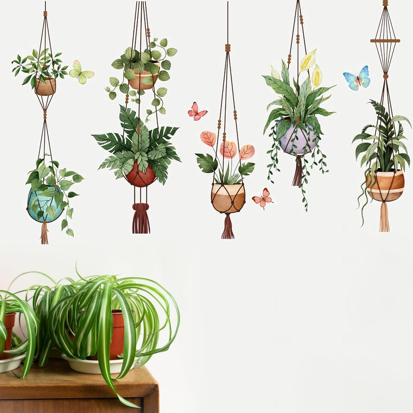 Hanging Potted Wall Stickers Plant Vine Wall Decals Peel and Stick Leaves Boho Wall Art / Green
