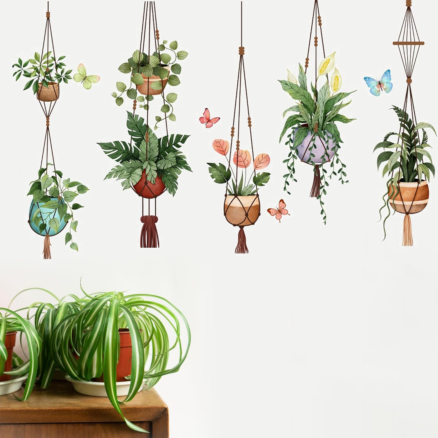 Hanging Potted Wall Stickers Plant Vine Wall Decals Peel and Stick Leaves Boho Wall Art / Green