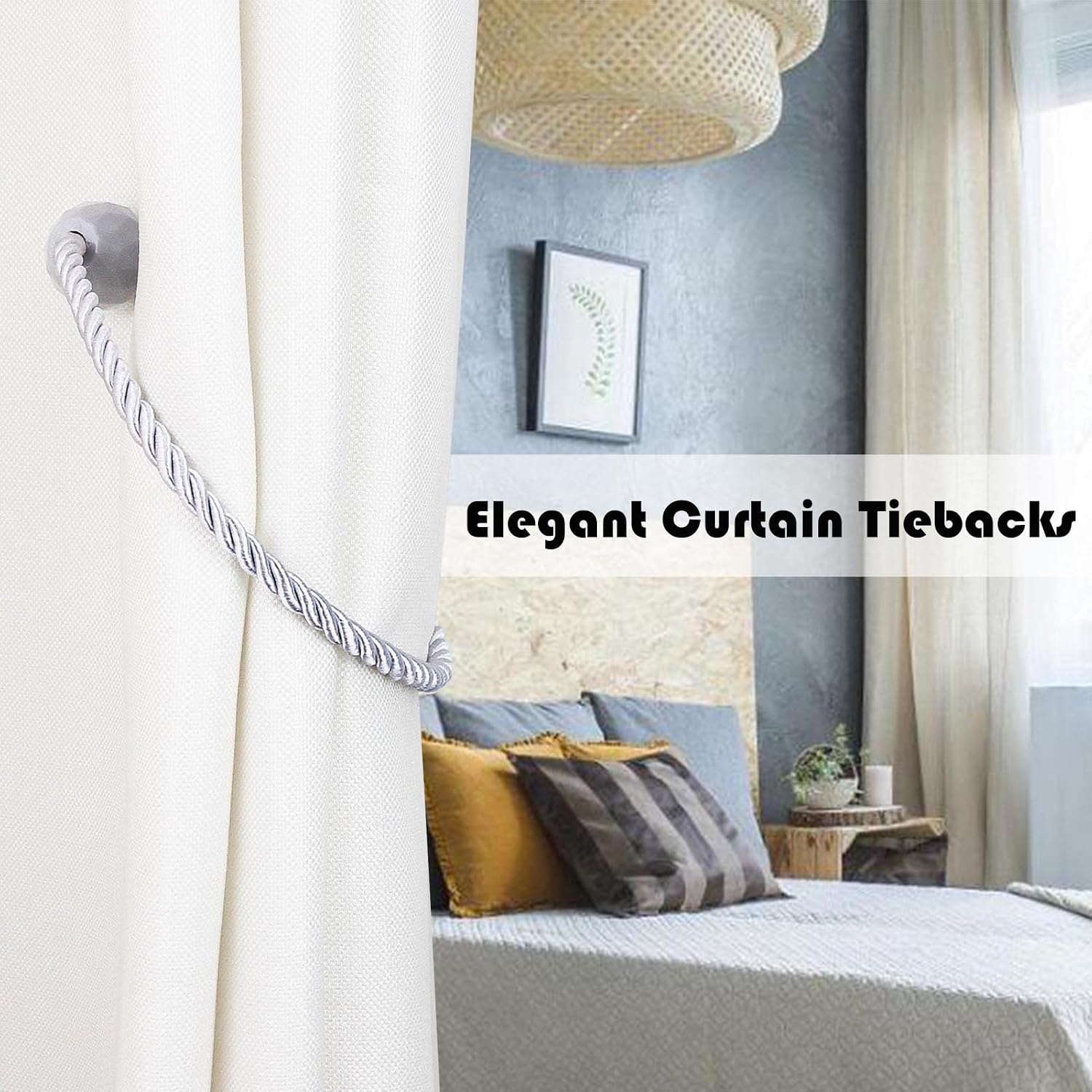 Strong Magnetic Curtain Tiebacks Decorative Rope Tie Backs Holdbacks Porlau | 6 Pack Light grey Outdoor Curtain Rope
