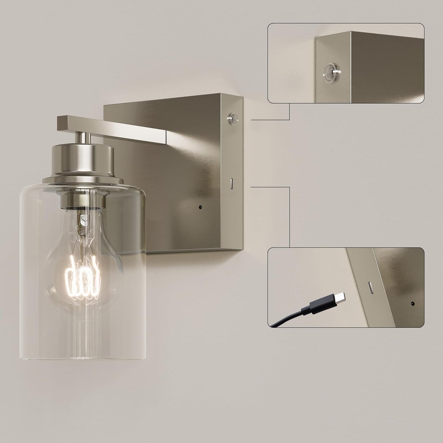 Rayogale Wireless Battery Operated Wall Sconce Set of 2 with Remote Control | Nickel Dimmable Rechargeable Wall Lights