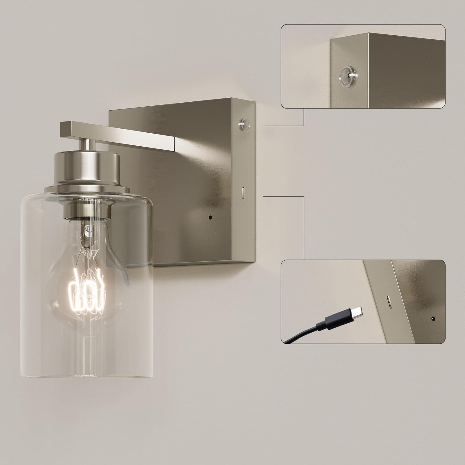 Rayogale Wireless Battery Operated Wall Sconce Set of 2 with Remote Control | Nickel Dimmable Rechargeable Wall Lights