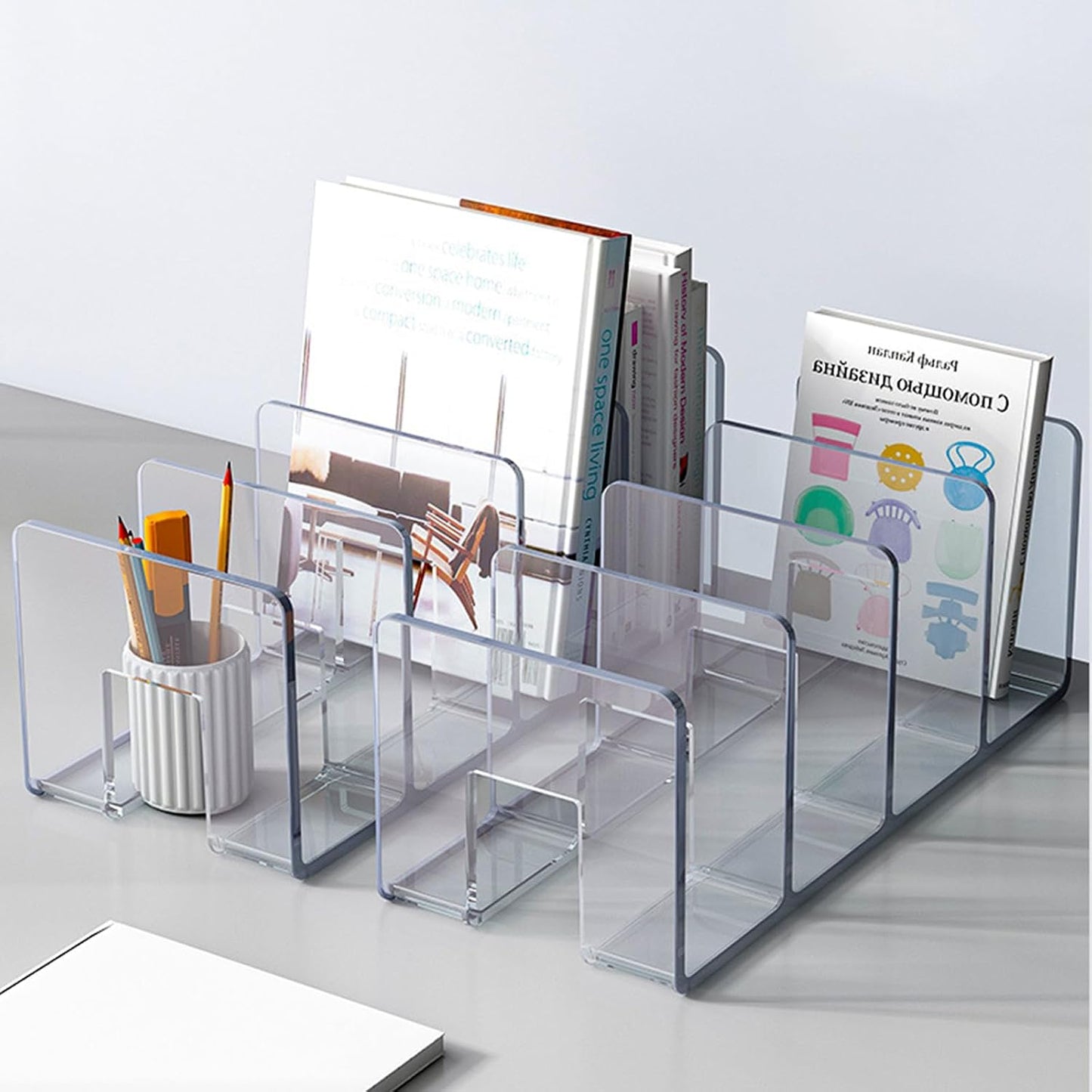 2PCS Acrylic File Organizer for Desk, Desktop Document/Mail Organizer, 4 Compartments Plastics Invisible Bookshelf