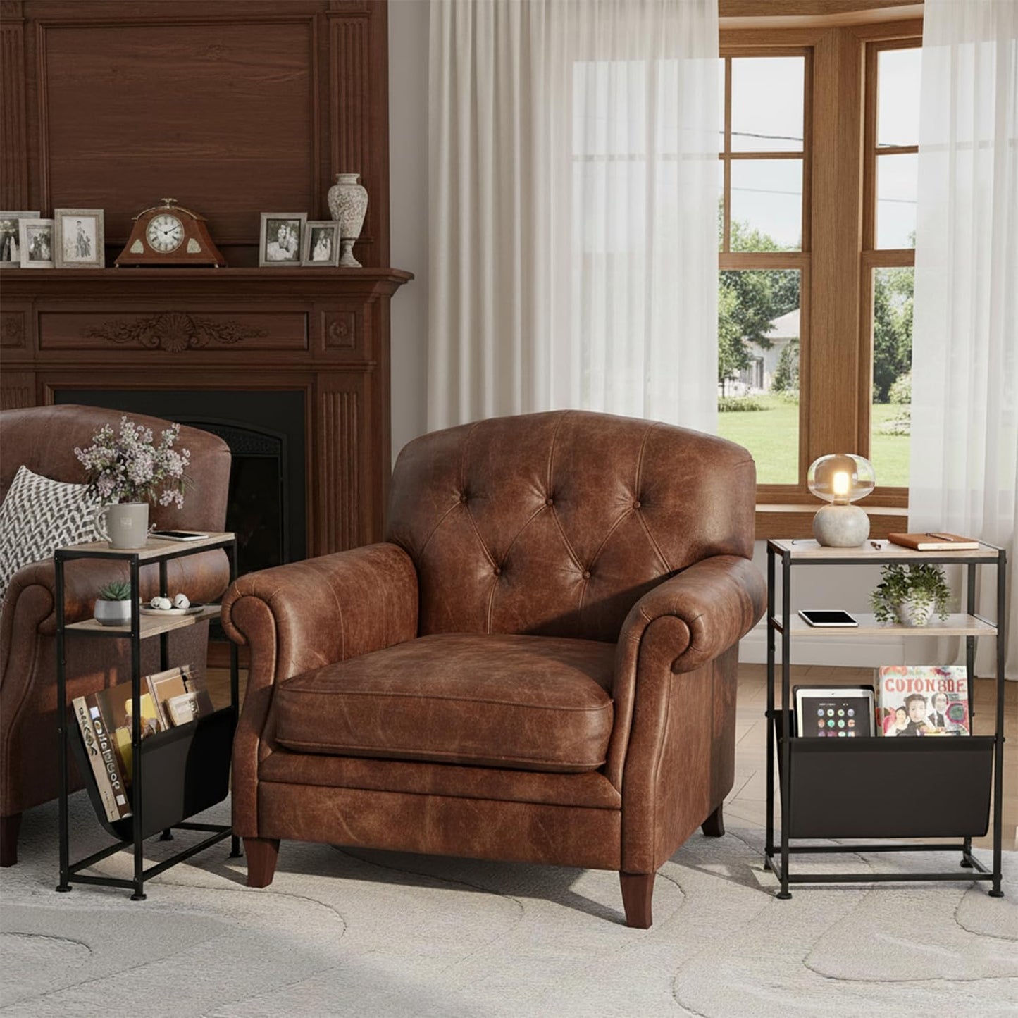 Narrow End Table for Small Spaces - Slim Side Table with Magazine Holder,2 in 1 Design Narrow Coffee Table Living