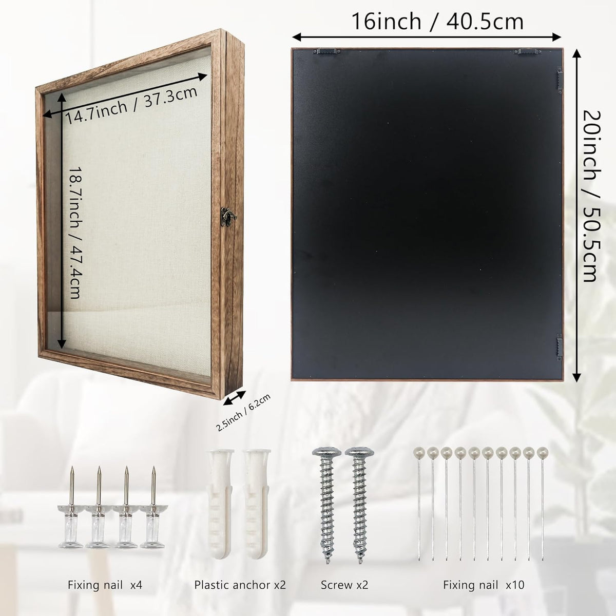 GraduationMall 16x20 Shadow Box Frame Solid Wood Glass Door Display Case with Linen Back and 6 Stick Pins,1.5 inches
