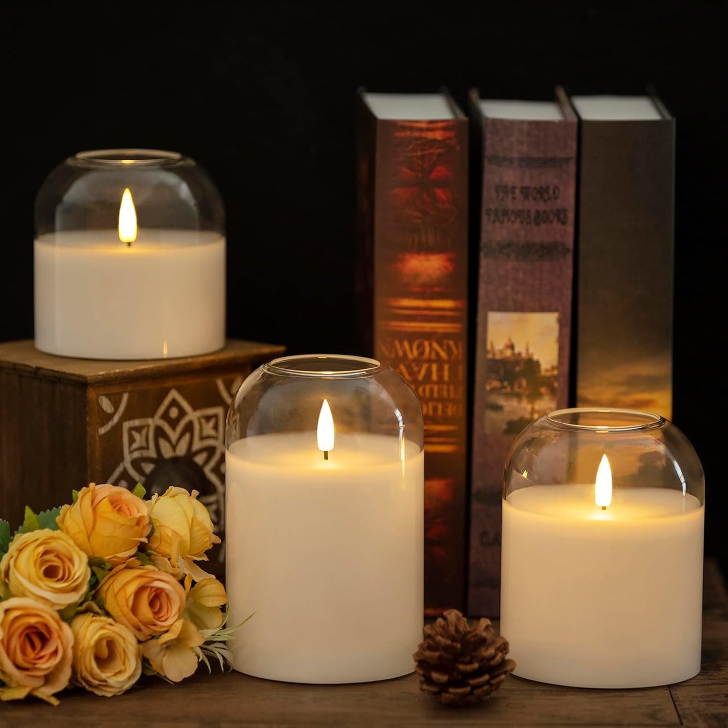 volnyus Clear Glass Flameless Candles with Remote Battery Operated Flickering LED Pillar Candles Real Wax Wick Φ 3" H