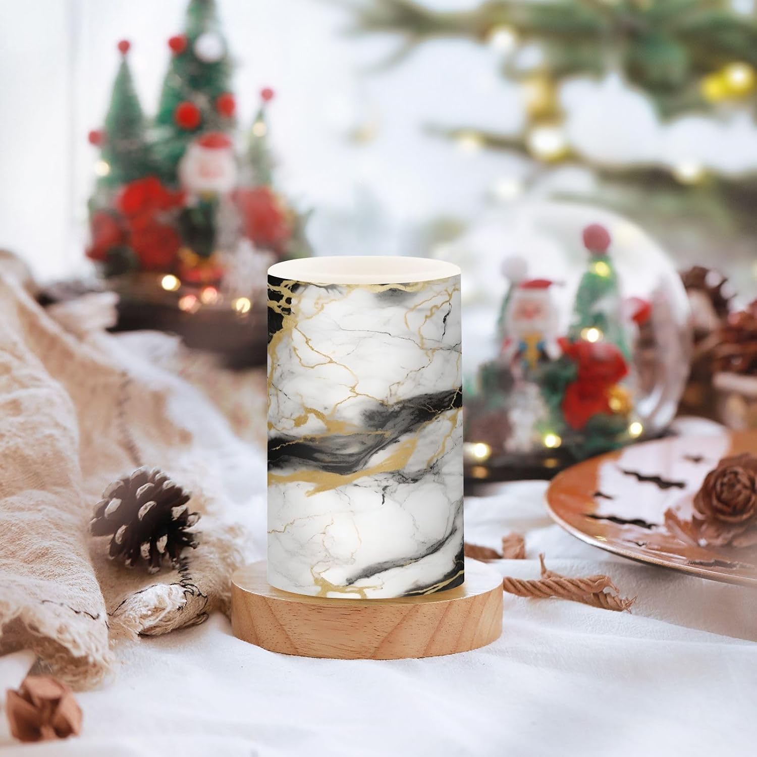 Flickering Flameless Candles, Golden White Black Marble LED Candles with Remote Timer, Set of 2 Battery Operated Candle