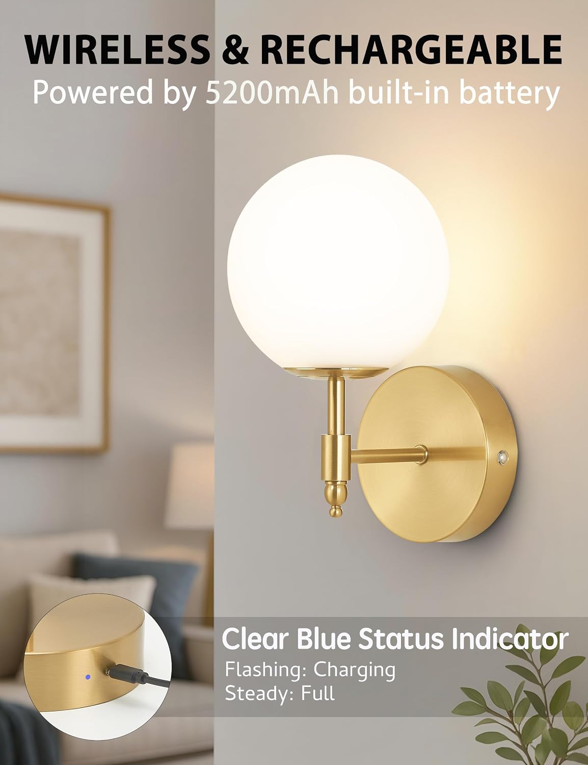 Battery Operated Wall Sconces, Brushed Gold 3 Color Dimmable Set of 2