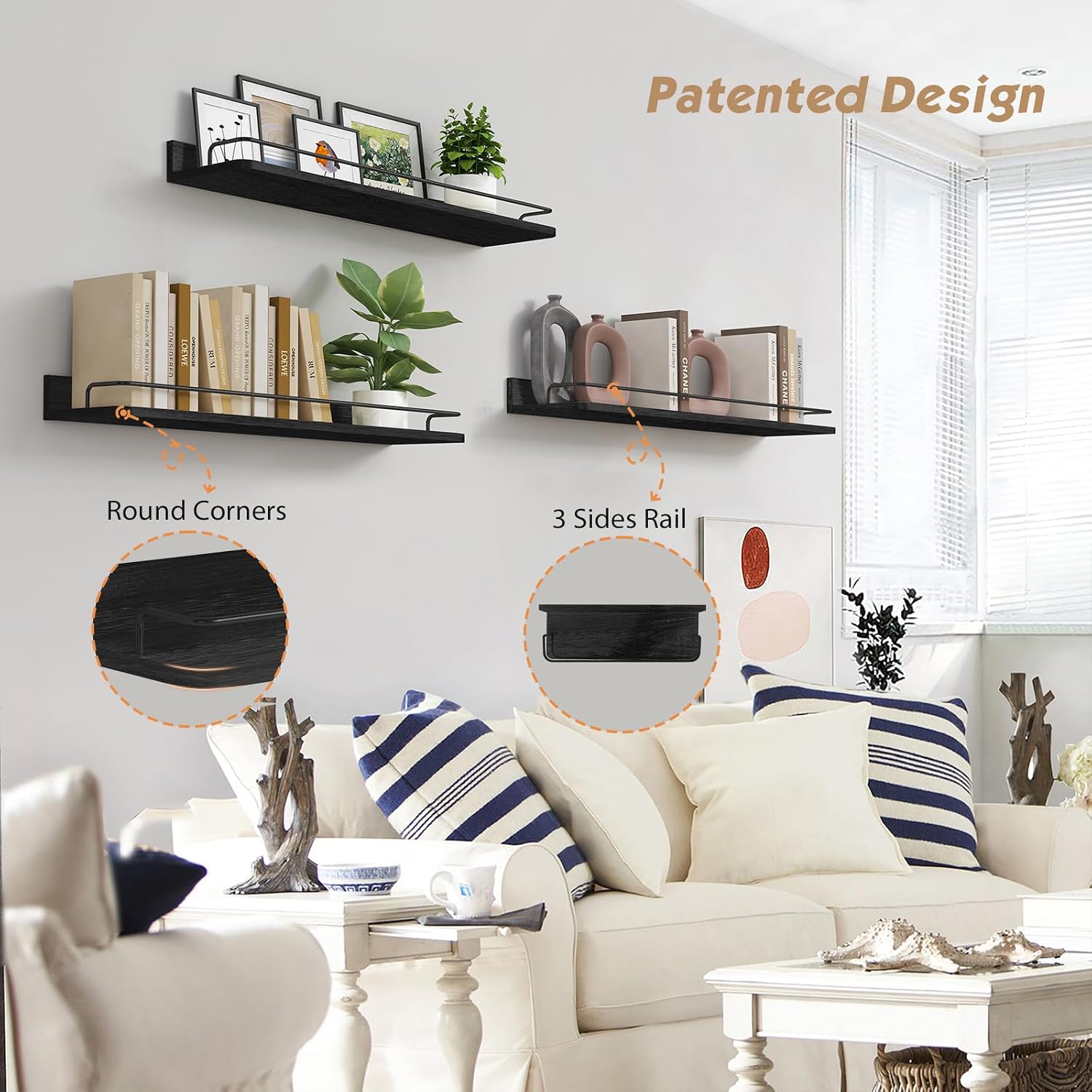 Forbena 24 Inch Wall Shelves for Bedroom 3-Pack, Black Floating Shelves with Rail, Vintage Large Floating Book Shelves