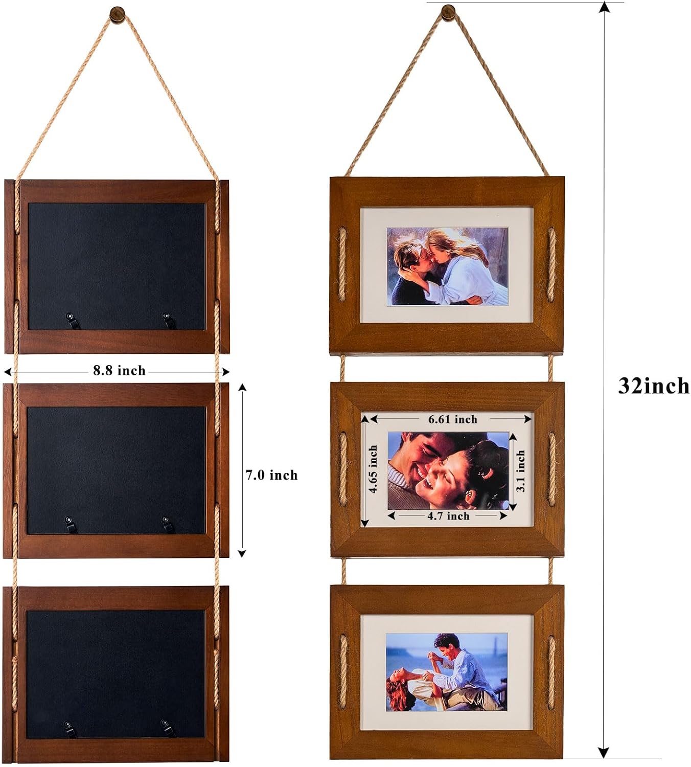DLQuarts 5x7 Hanging Picture Frames Collage Wall Decor, 3 Opening 5x7 Matted to 3.5x5 Photo Rustic Wood Frame, Dark