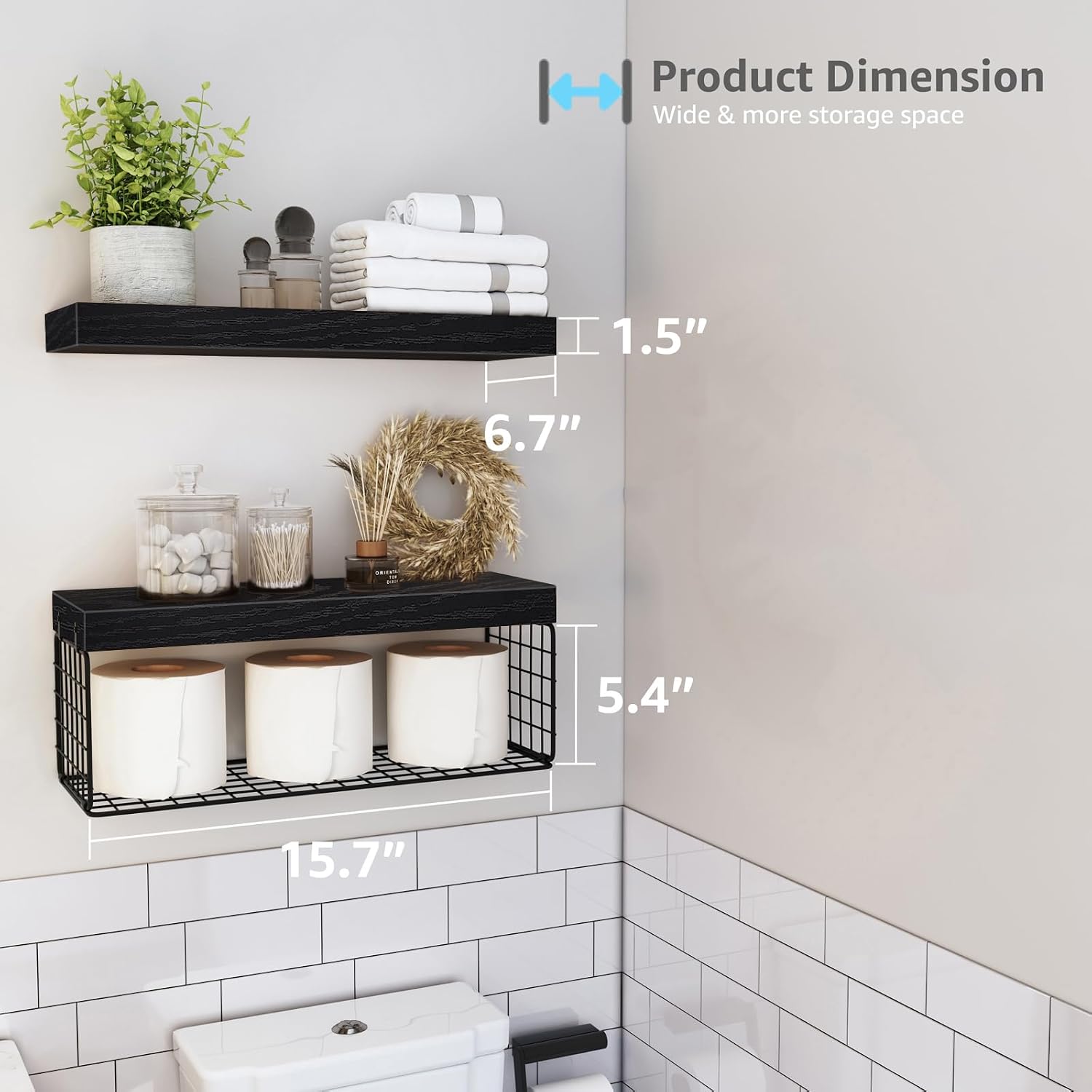 QEEIG Bathroom Shelves Over Toilet - Wall Mounted Floating Shelves Toilet Paper Storage Small Farmhouse Decor Shelf 16