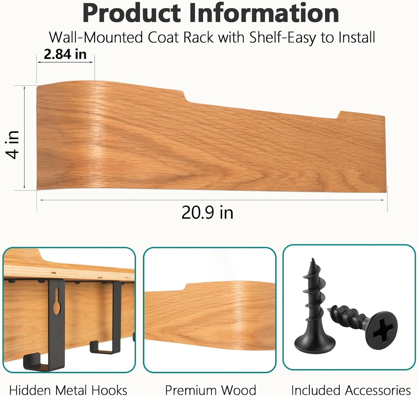 Coat Rack Wall Mount with Hidden Hooks Modern Key Holder Wood Entryway Hook with Shelf for Bedroom Kitchen Hallway