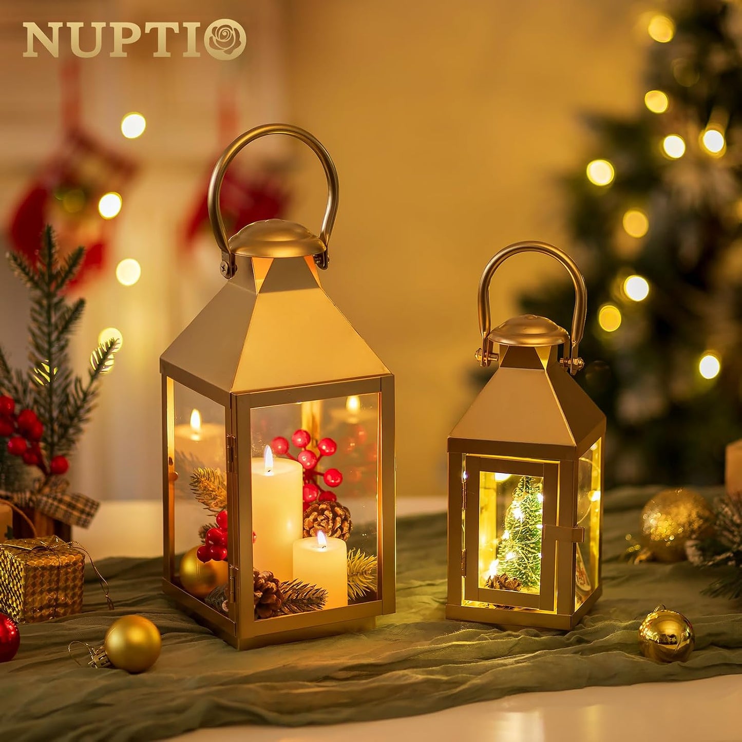 NUPTIO Gold Lanterns Decorative for Wedding, 11.2 Inch Lantern Decor | Tall Metal Candle Lantern with Glass for Outdoor