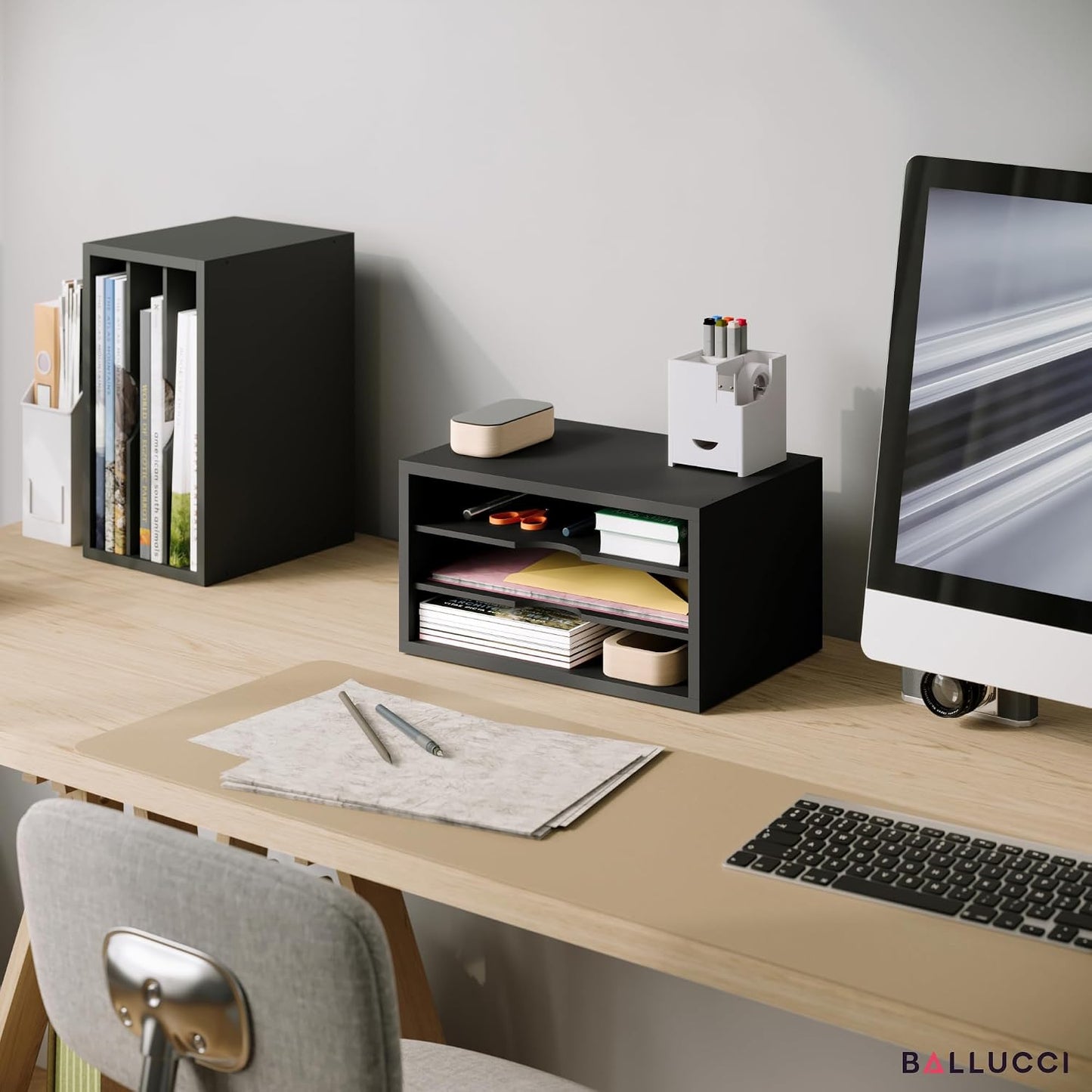Ballucci File Organizer, 3-Tier Document Paper Sorter, Stackable Wood Desk Organizer, Mail Sorter and Monitor Stand