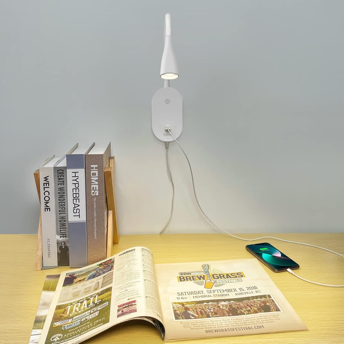 Wall Reading Light for Books in Bed, USB Output Headboard Wall Lamp,5 Dimmable Touch Control Reading Lamp,LED Warm