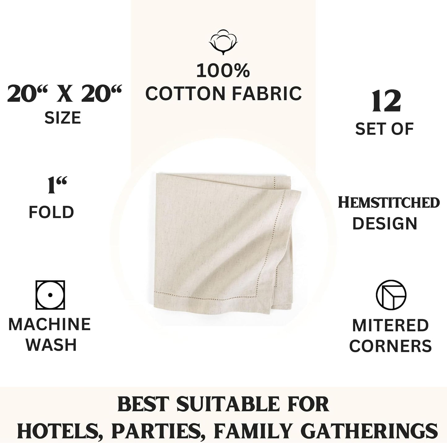 FINGERCRAFT Hemstitch Cloth Napkin Cotton, 20x20 Inch, 12 Pack, Ivory | Premium high GSM cotton, large size & generous
