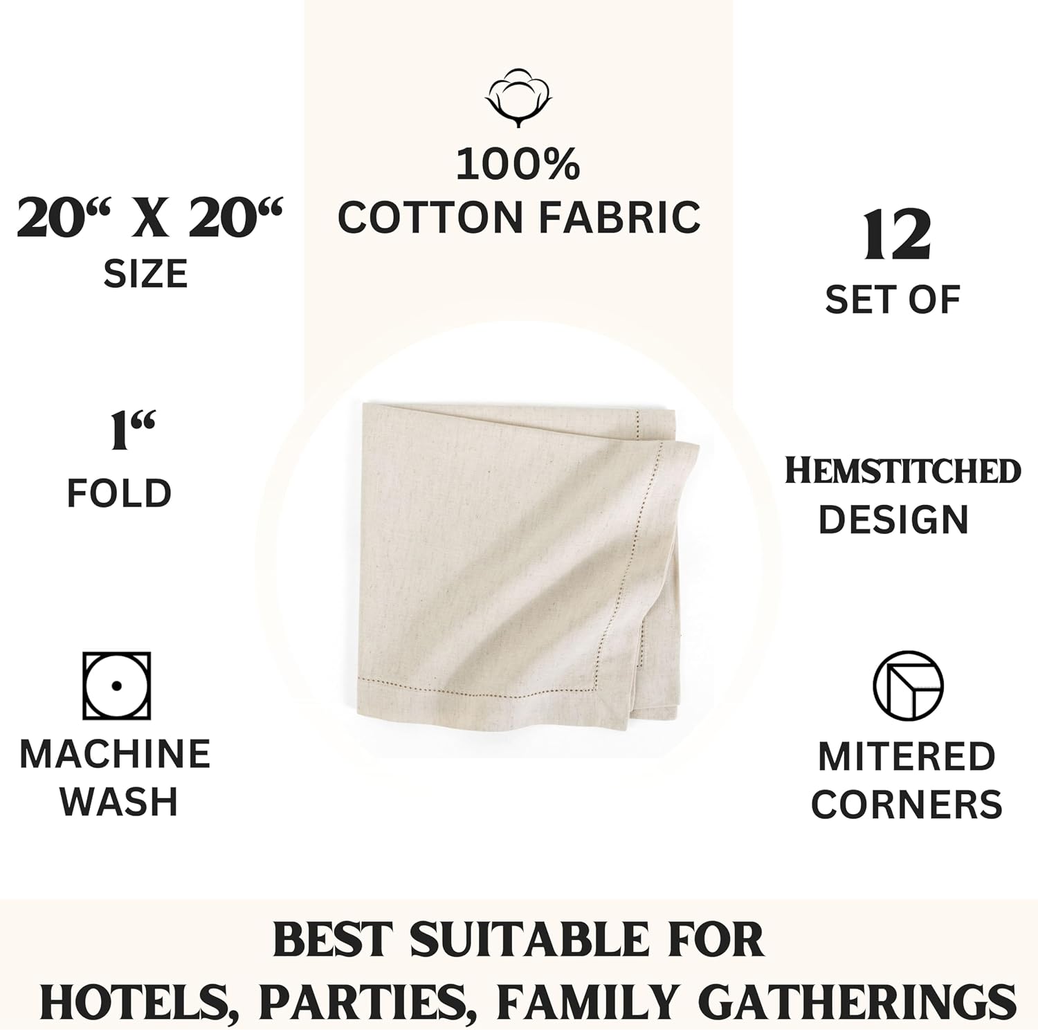 FINGERCRAFT Hemstitch Cloth Napkin Cotton, 20x20 Inch, 12 Pack, Ivory | Premium high GSM cotton, large size & generous