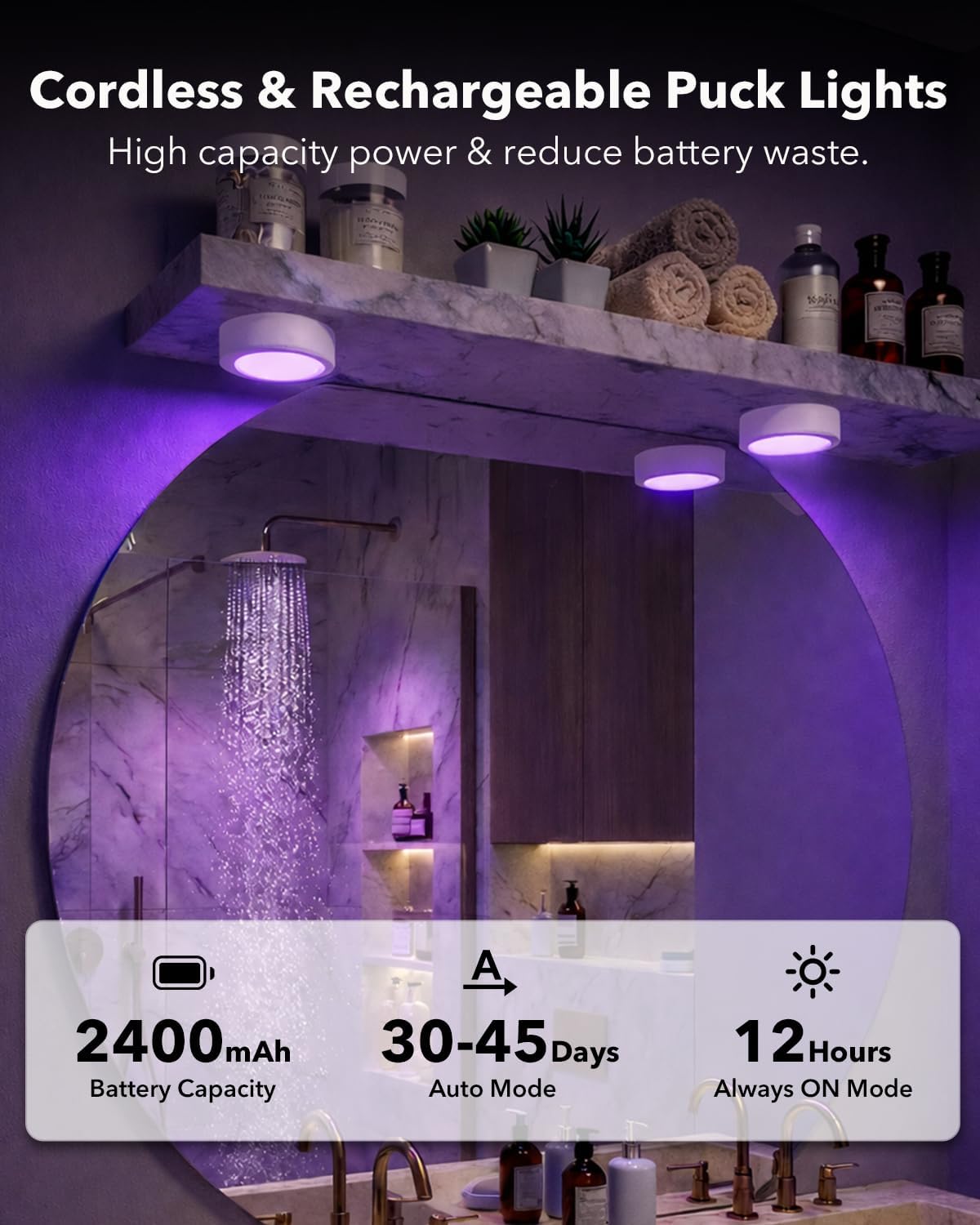 2400mAh USB Rechargeable Puck Lights, Motion Sensor Cabinet Lighting | RGB Color Changing, Magnetic, Timer, Wireless