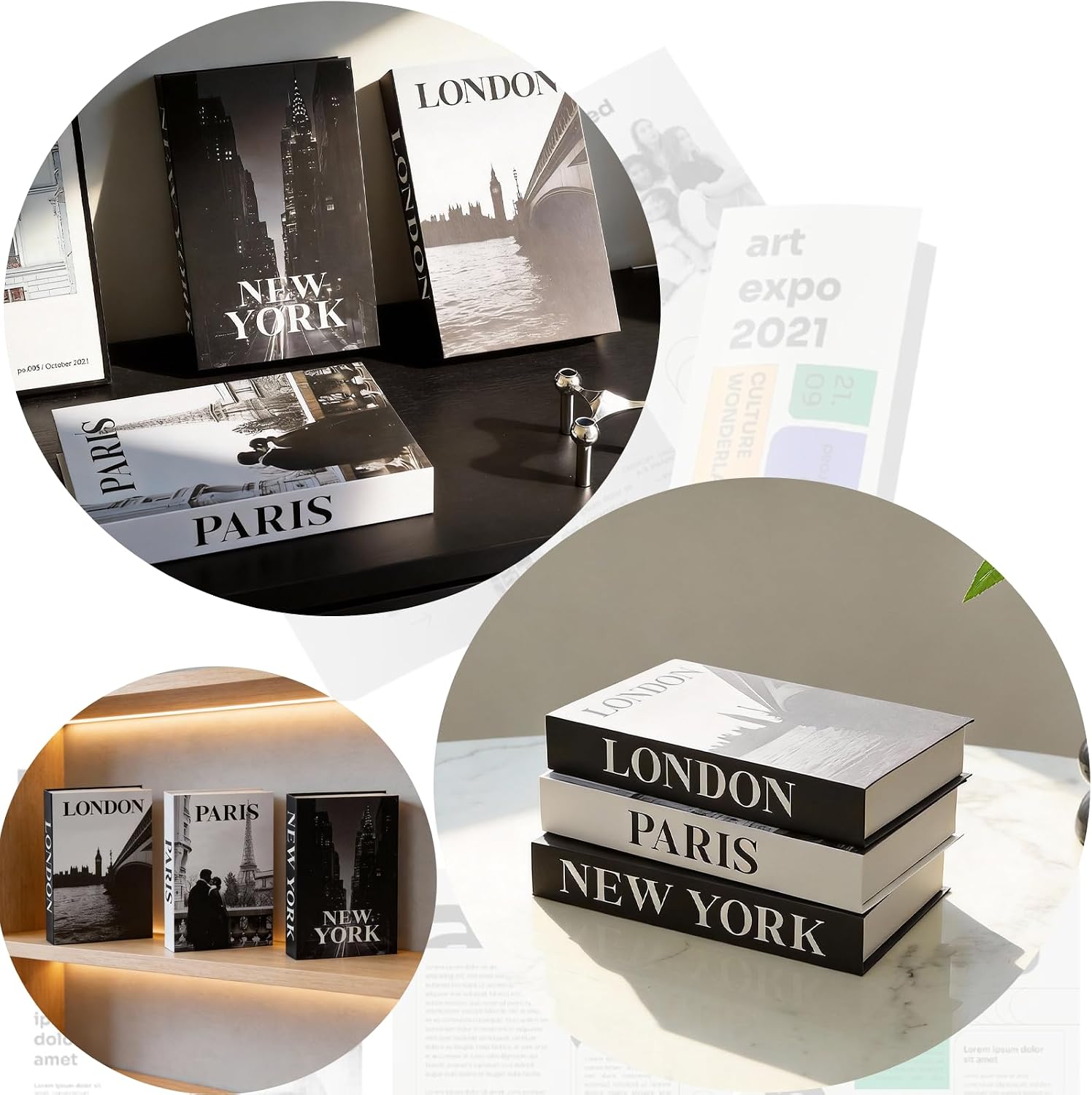 Faux Decorative Books / 3-paris London Newyork Kiss / Set of 3