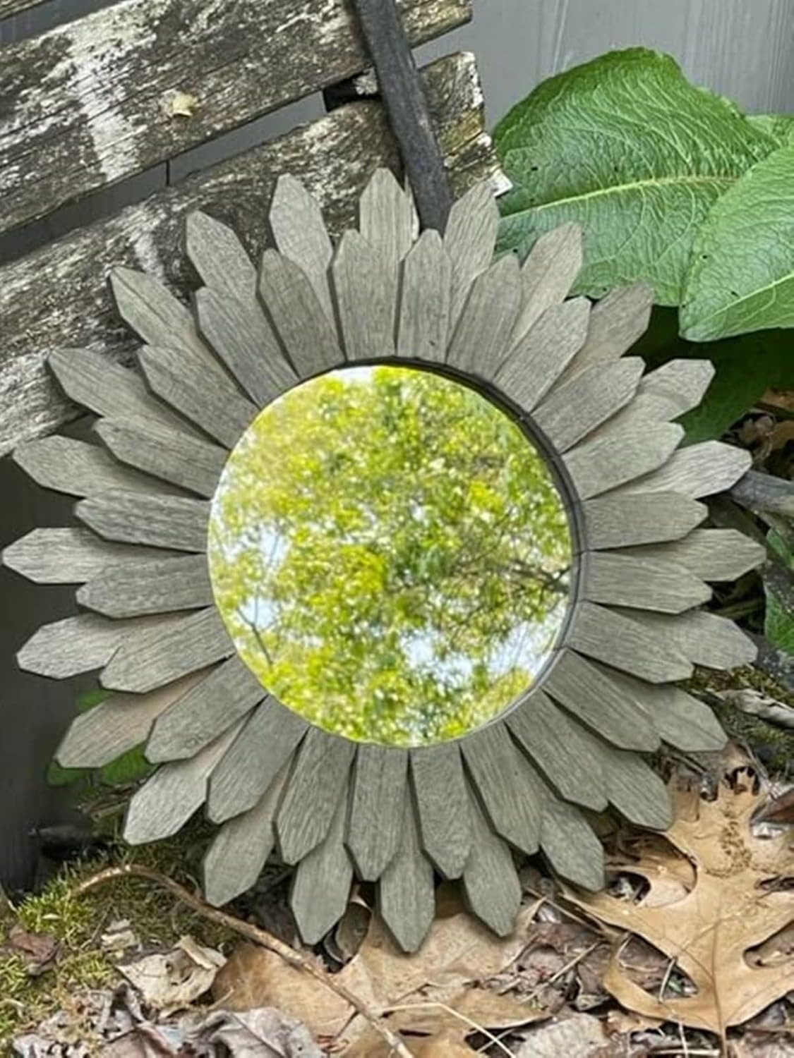 Farmhouse Wall Decor Mirror Sunburst Boho Wood Mirror Rustic Home Decor / Weathered Grey / 12 Inch