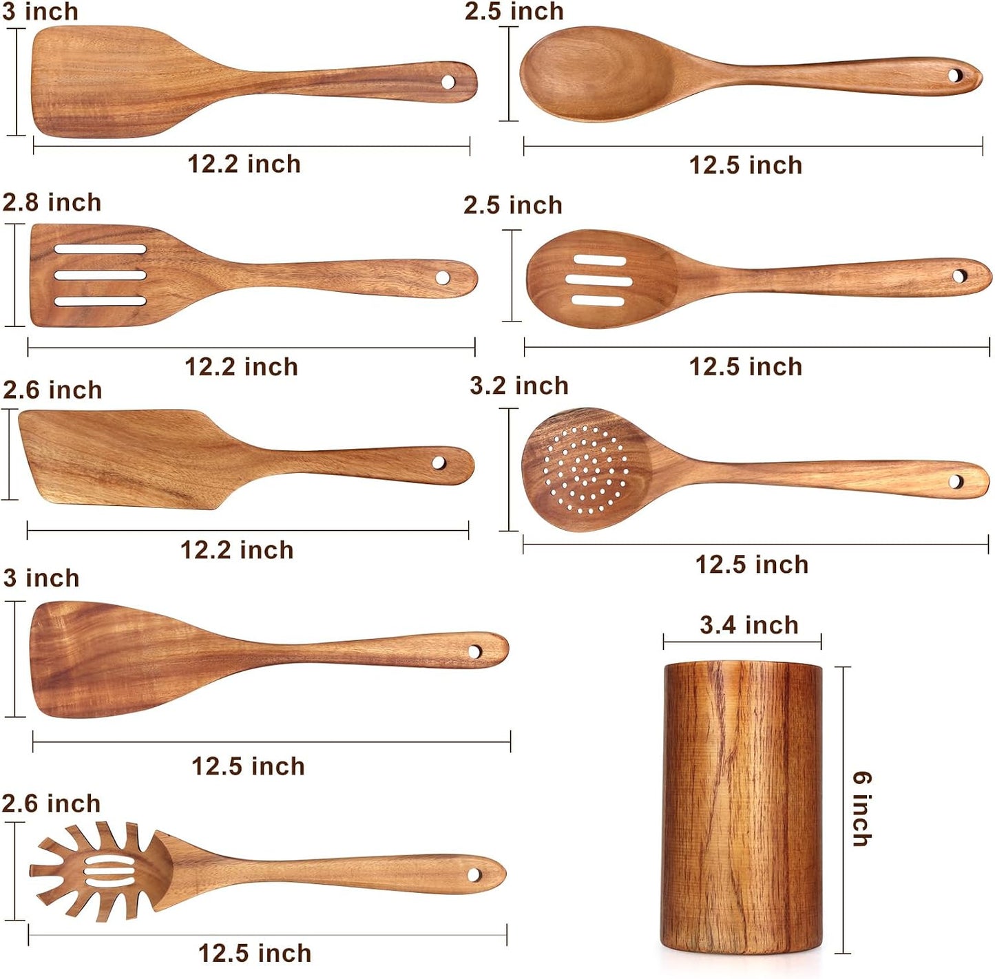 9 Pcs Wooden Kitchen Utensils Set with Holder Cooking Spoons Wood Spatula | Acacia Wood Spoons for Cooking Utensils