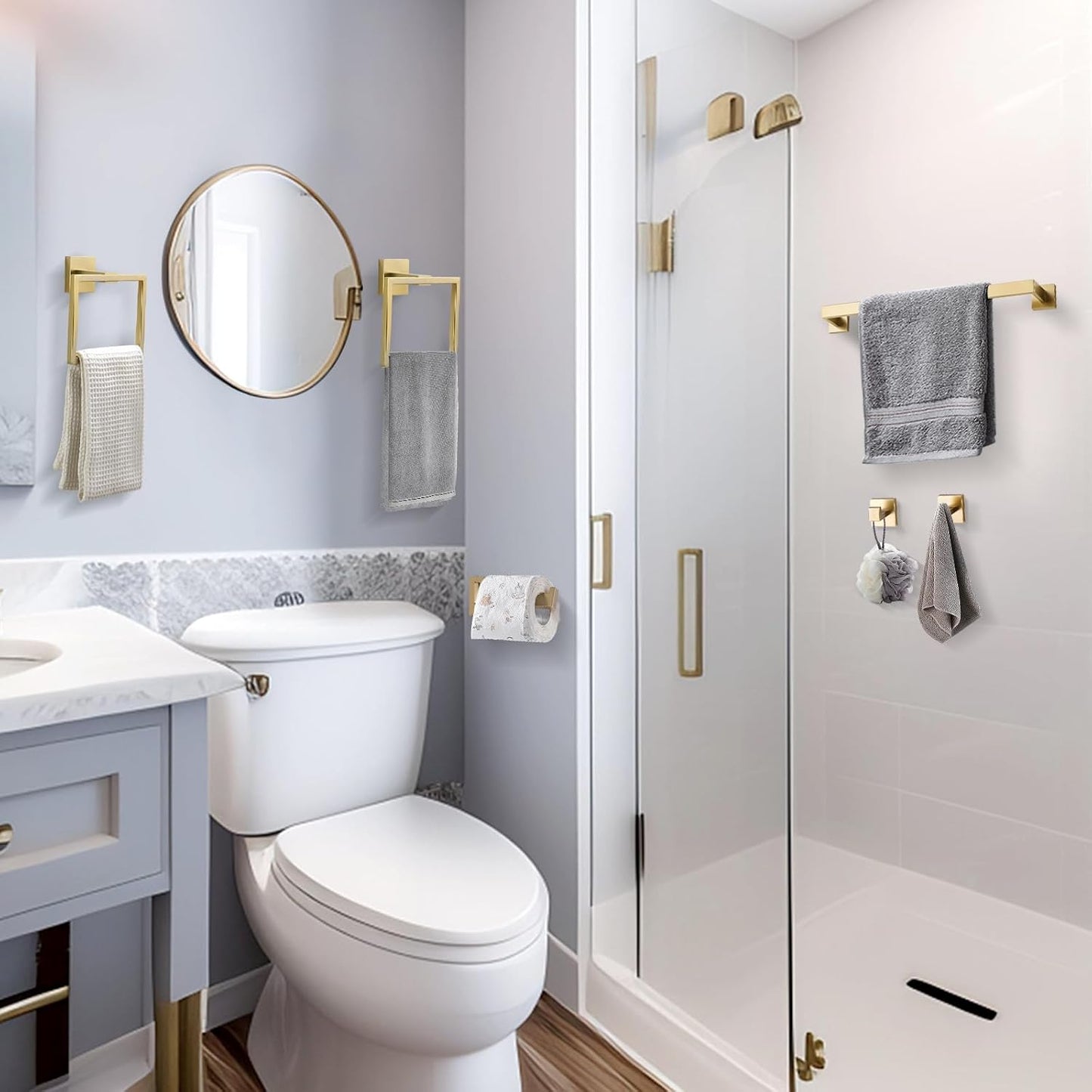 TQKAG 6-Piece Bathroom Towel Bar Sets Brushed Gold 23.6 inch Towel Bar Stainless Steel Towel Ring Coat Hook and Toilet