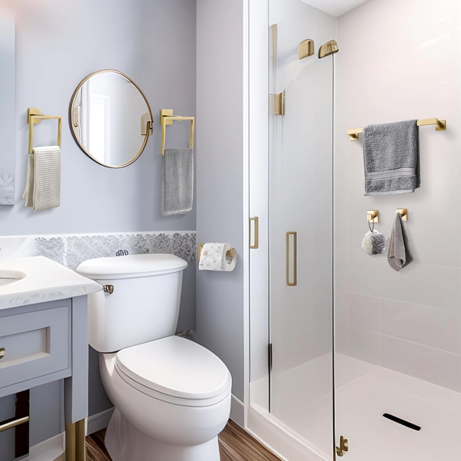 TQKAG 6-Piece Bathroom Towel Bar Sets Brushed Gold 23.6 inch Towel Bar Stainless Steel Towel Ring Coat Hook and Toilet
