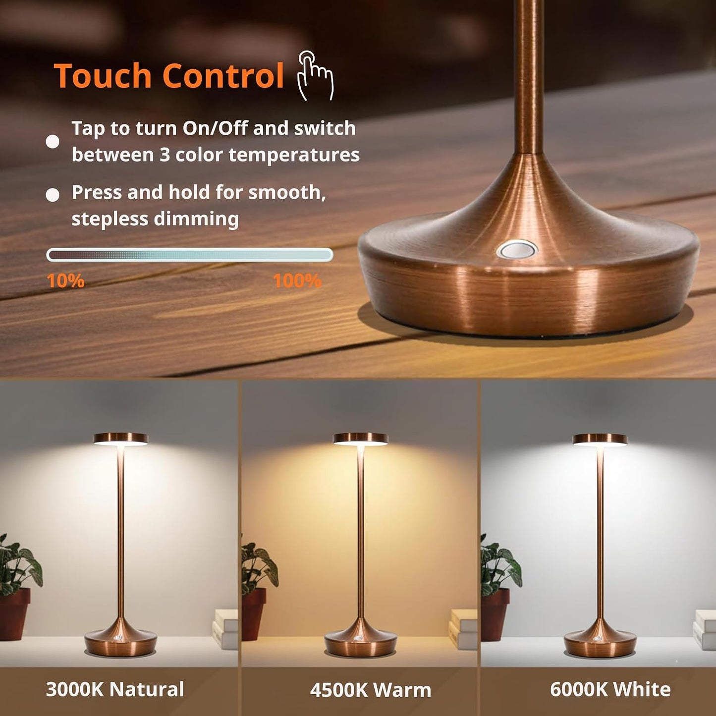 Brown Cordless Table Lamps, Rechargeable 6000mAh, 72H Runtime, Waterproof | Stepless Touch Dimming with 3 Color Modes &
