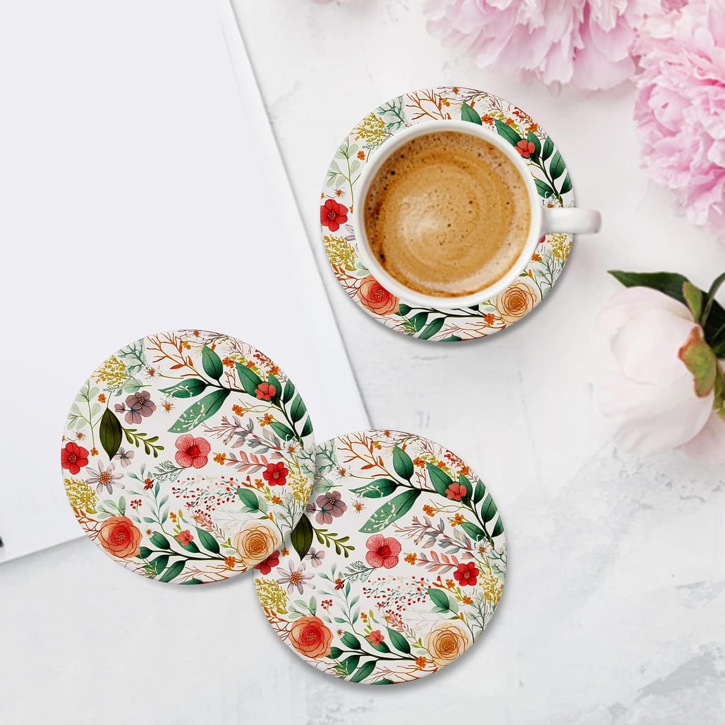 Holder Funny Ceramic Absorbent Coaster Decorative Coffee Table Decor / Flower 1 / Set of 6
