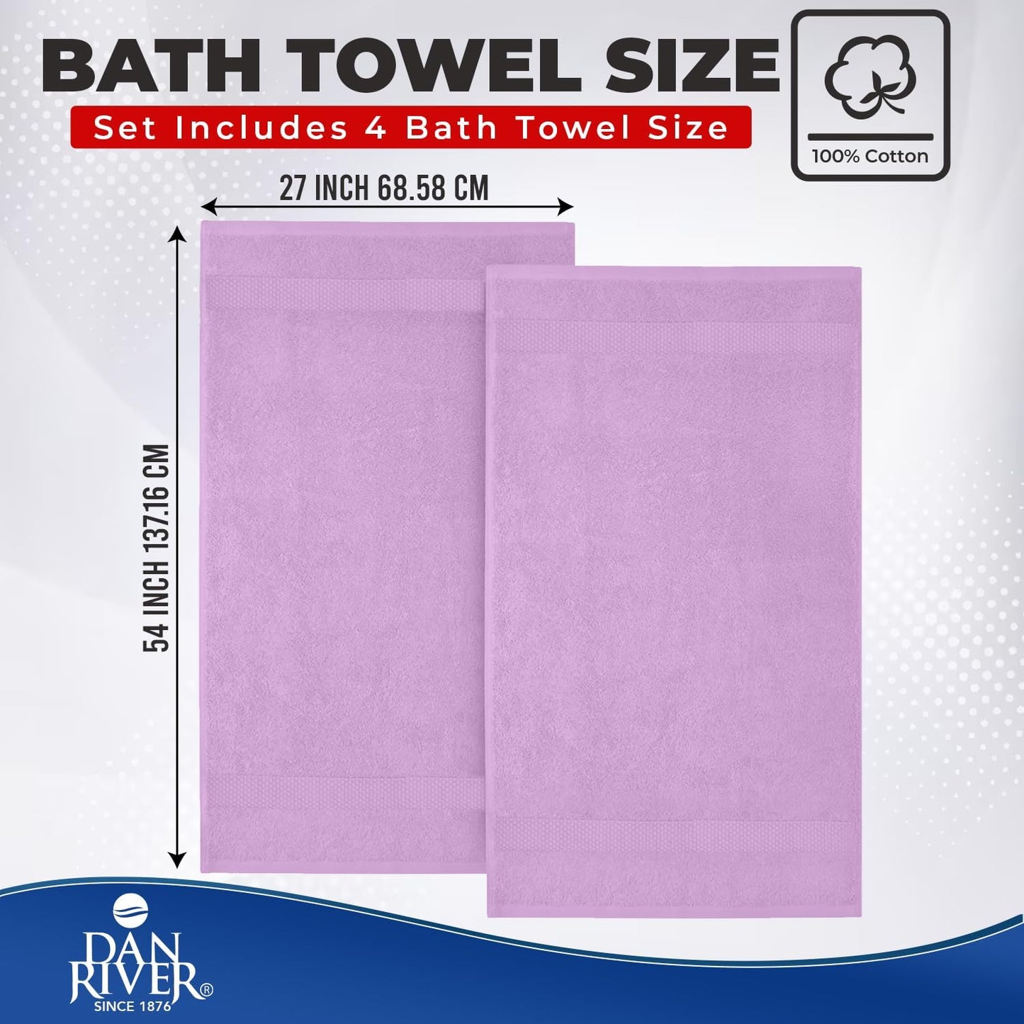 DAN RIVER 600 GSM Cotton Large Bath Towels Set of 4, 27 x 54 Inches | Larger & Lighter Weight Towels for Bathroom