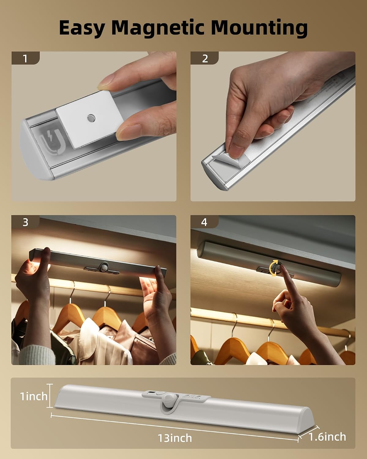 EZVALO 13-inch Closet Lights, Motion Sensor Lights Indoor | Rotatable Sensor, Glare-Free, Rechargeable Battery