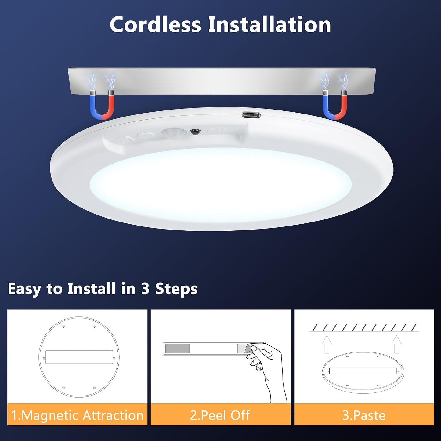 maylit 2 Pack Rechargeable Ceiling Lights with Motion Sensor | Wireless Battery-operated Lighting for Closets