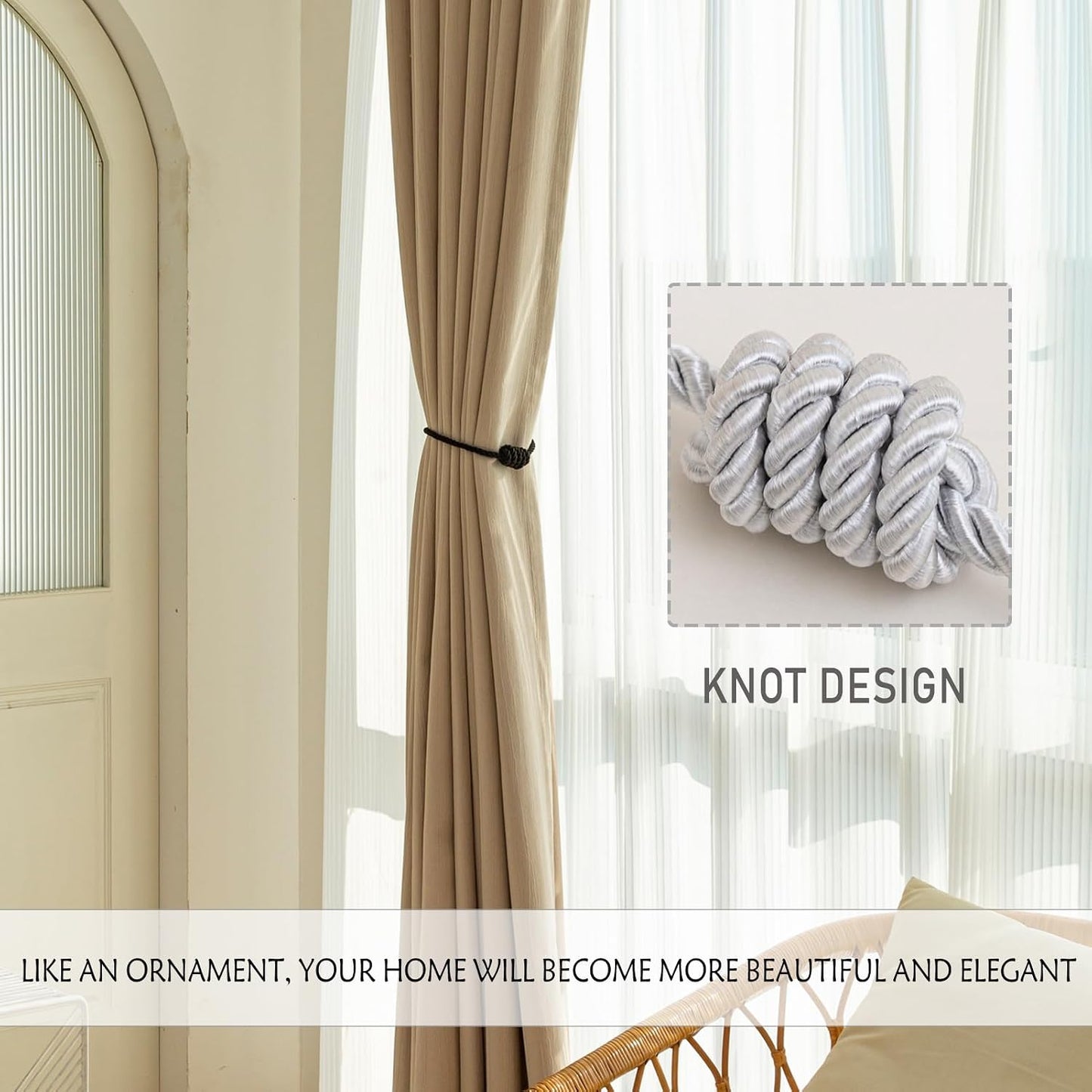 Curtain Tiebacks Magnetic Decorative Rope Tie Backs Holdbacks Contoeey | 8 Pack White Modern Elegant Window Treatment