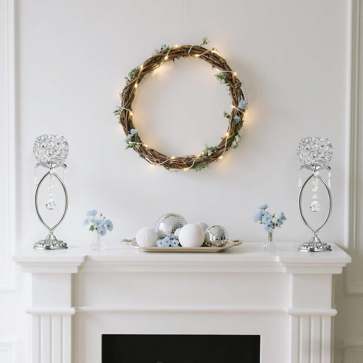 6 Pcs Silver Elegant Metal Crystal Tea Light Candle Holders with Crystal Pendants, Hollow Design - Wedding Table