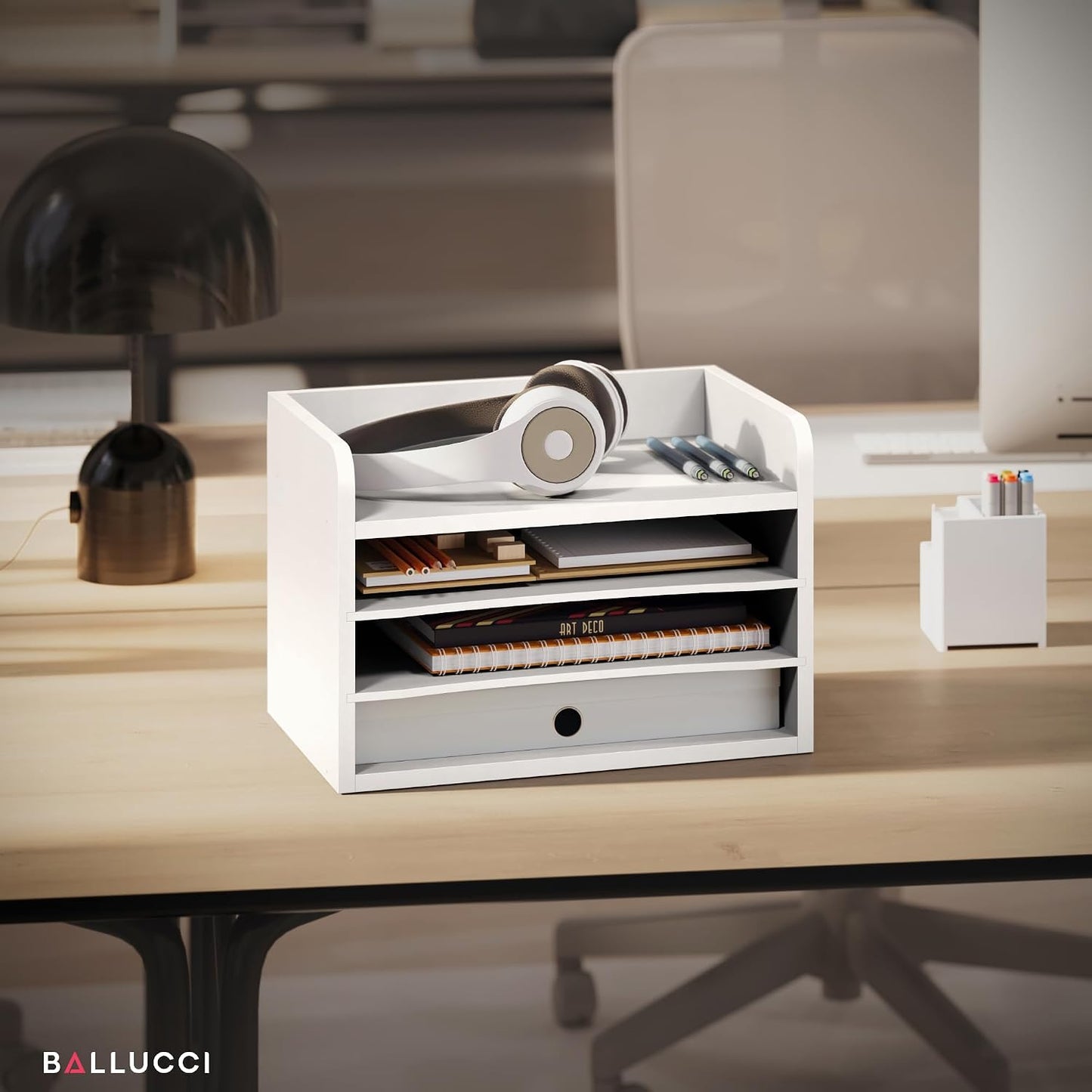 Ballucci File Organizer, 4-Tier Office Desk Organizer, Open Top Wood Paper Organizer for Classroom, Mail Sorter Paper